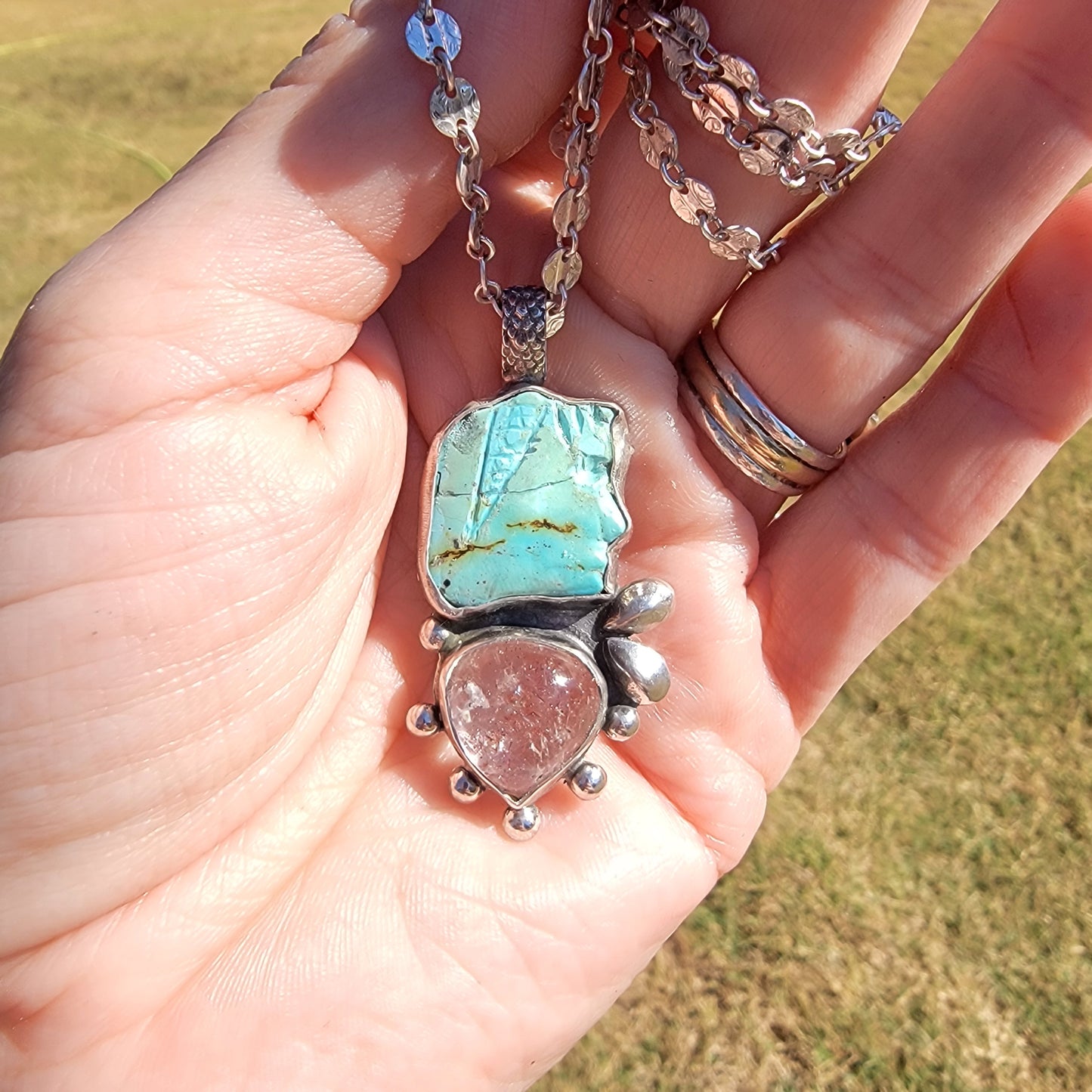 Vintage Lone Mountain Carved Turquoise, Included Quartz and Sterling Pendant