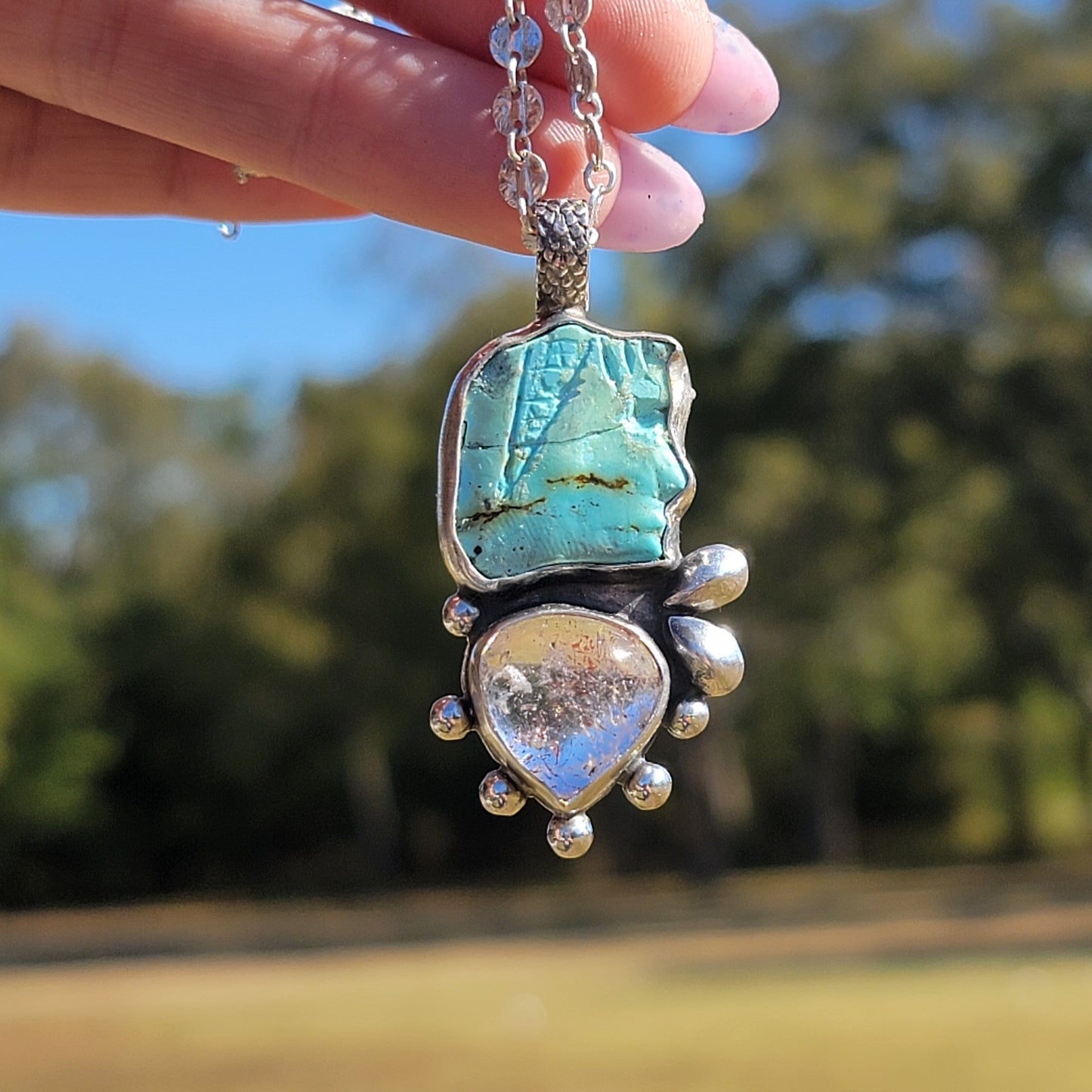 Vintage Lone Mountain Carved Turquoise, Included Quartz and Sterling Pendant