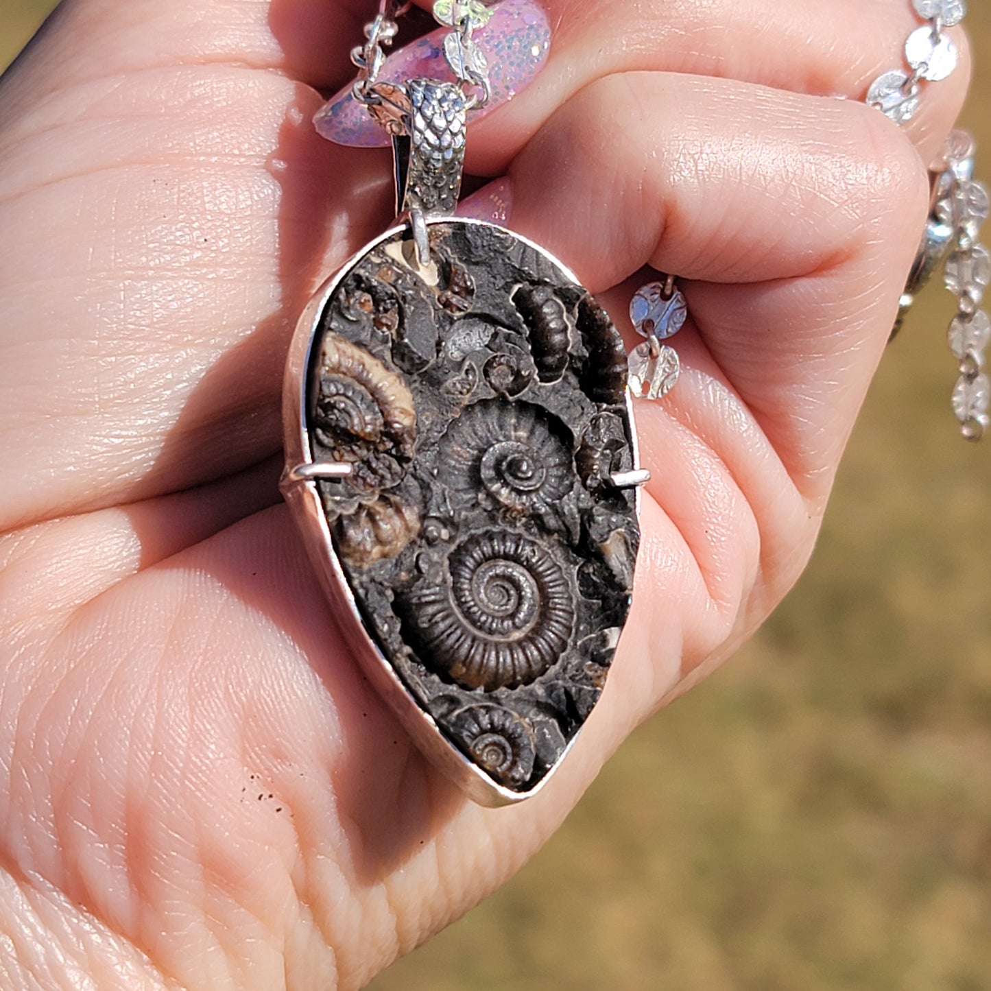 Ammonite Fossil Conglomerate and Sterling Pendant