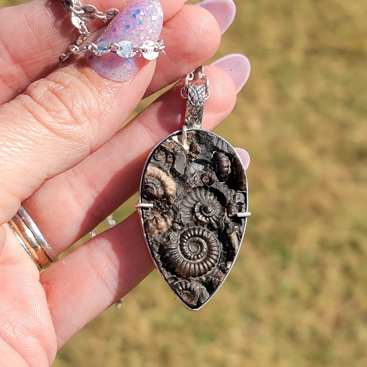 Ammonite Fossil Conglomerate and Sterling Pendant