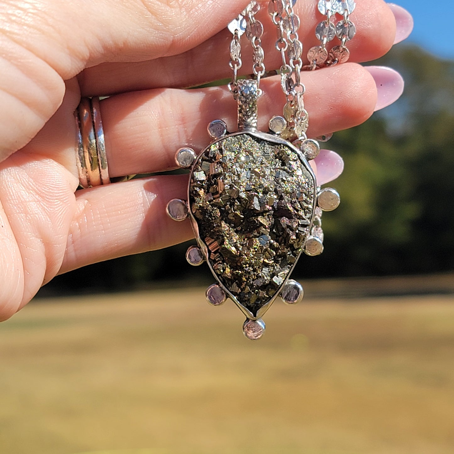 Pyrite Druzy and Sterling Pendant