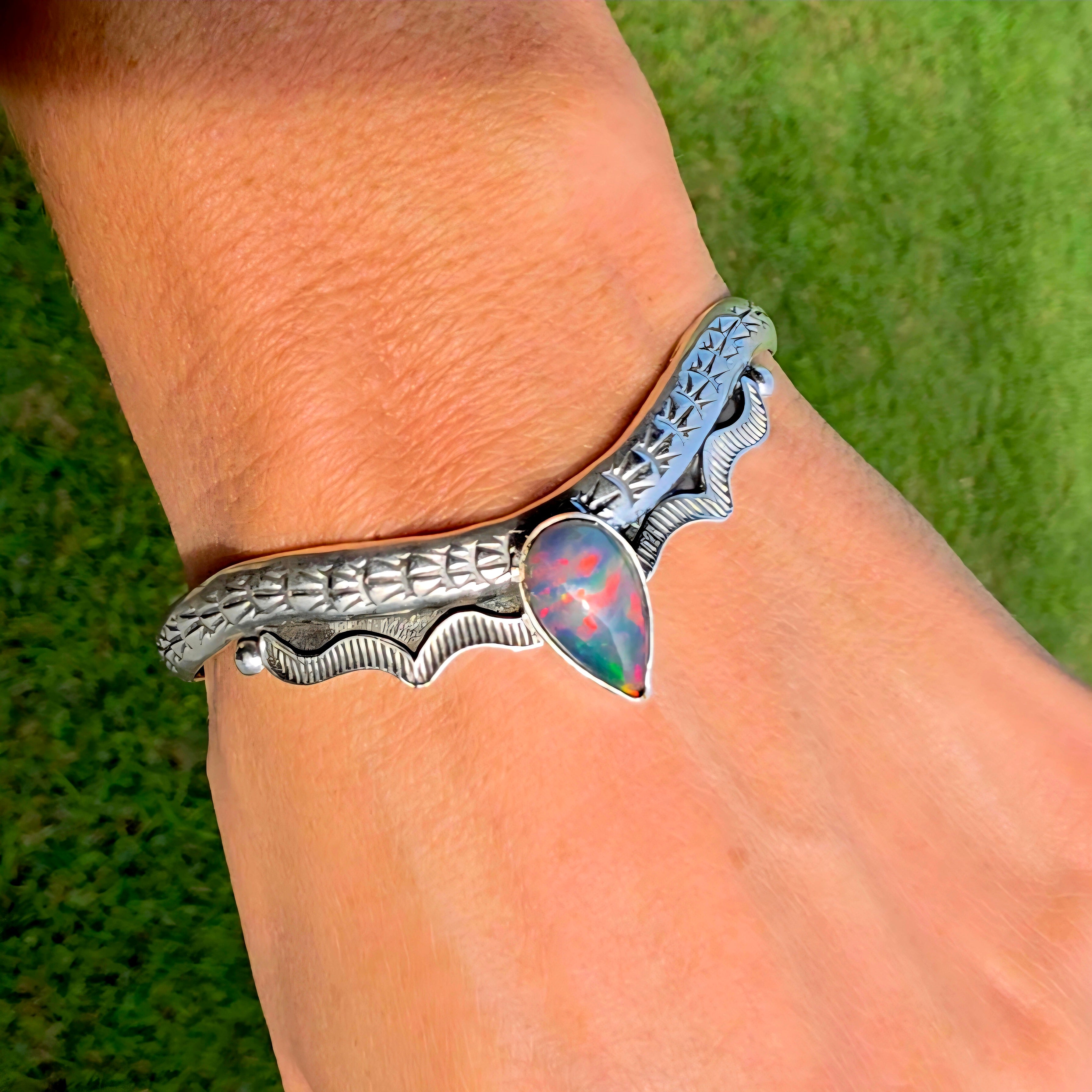 Ethiopian Opal Stamped Sterling Drop Cuff