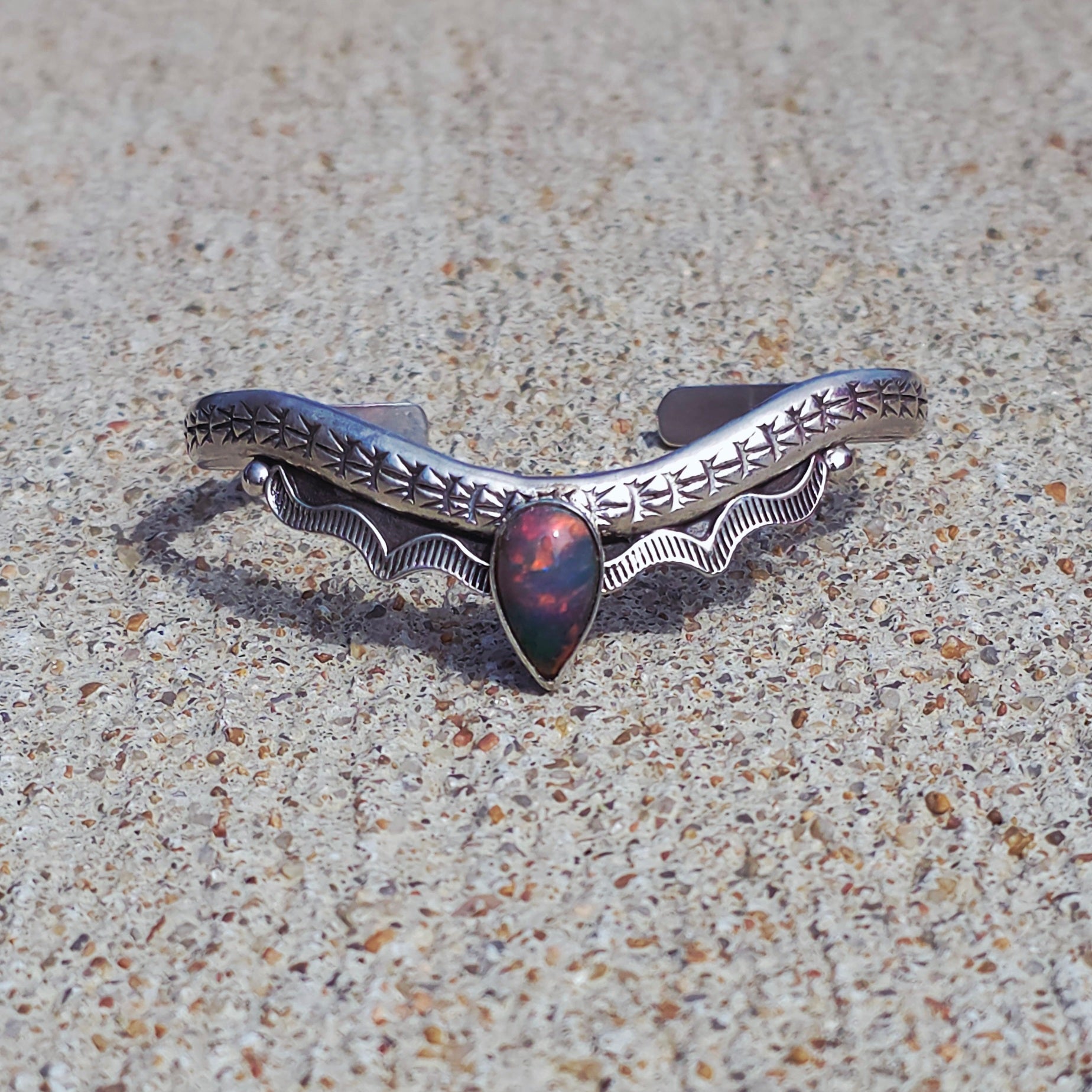 Ethiopian Opal Stamped Sterling Drop Cuff