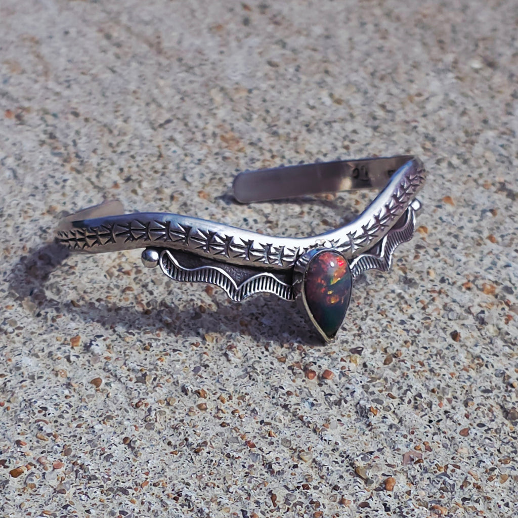 Ethiopian Opal Stamped Sterling Drop Cuff