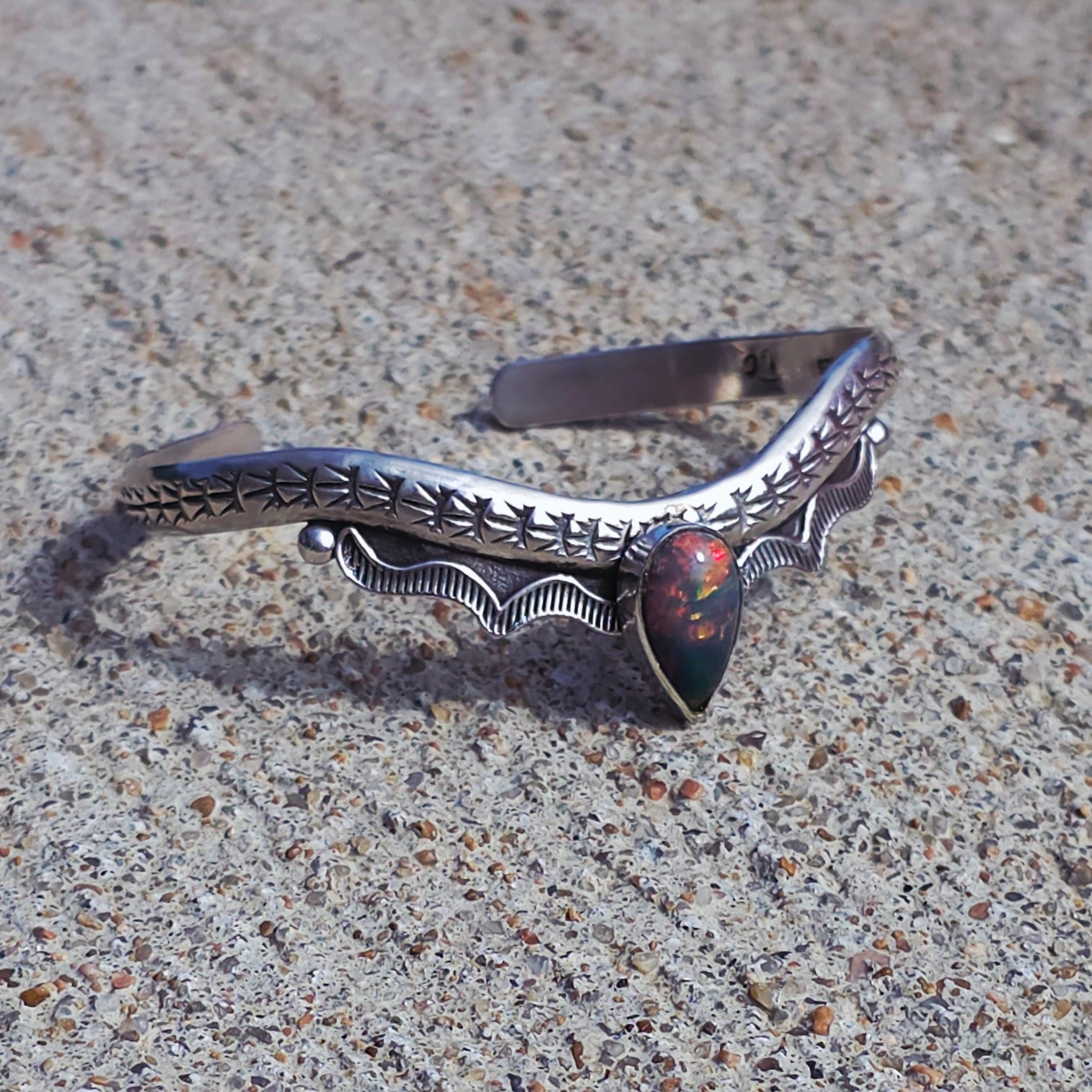 Ethiopian Opal Stamped Sterling Drop Cuff