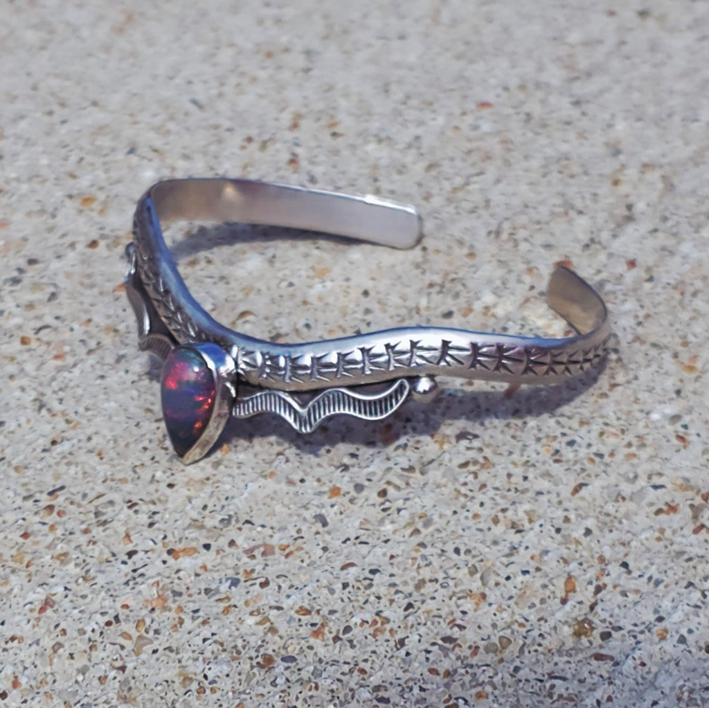 Ethiopian Opal Stamped Sterling Drop Cuff