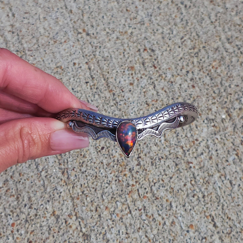 Ethiopian Opal Stamped Sterling Drop Cuff