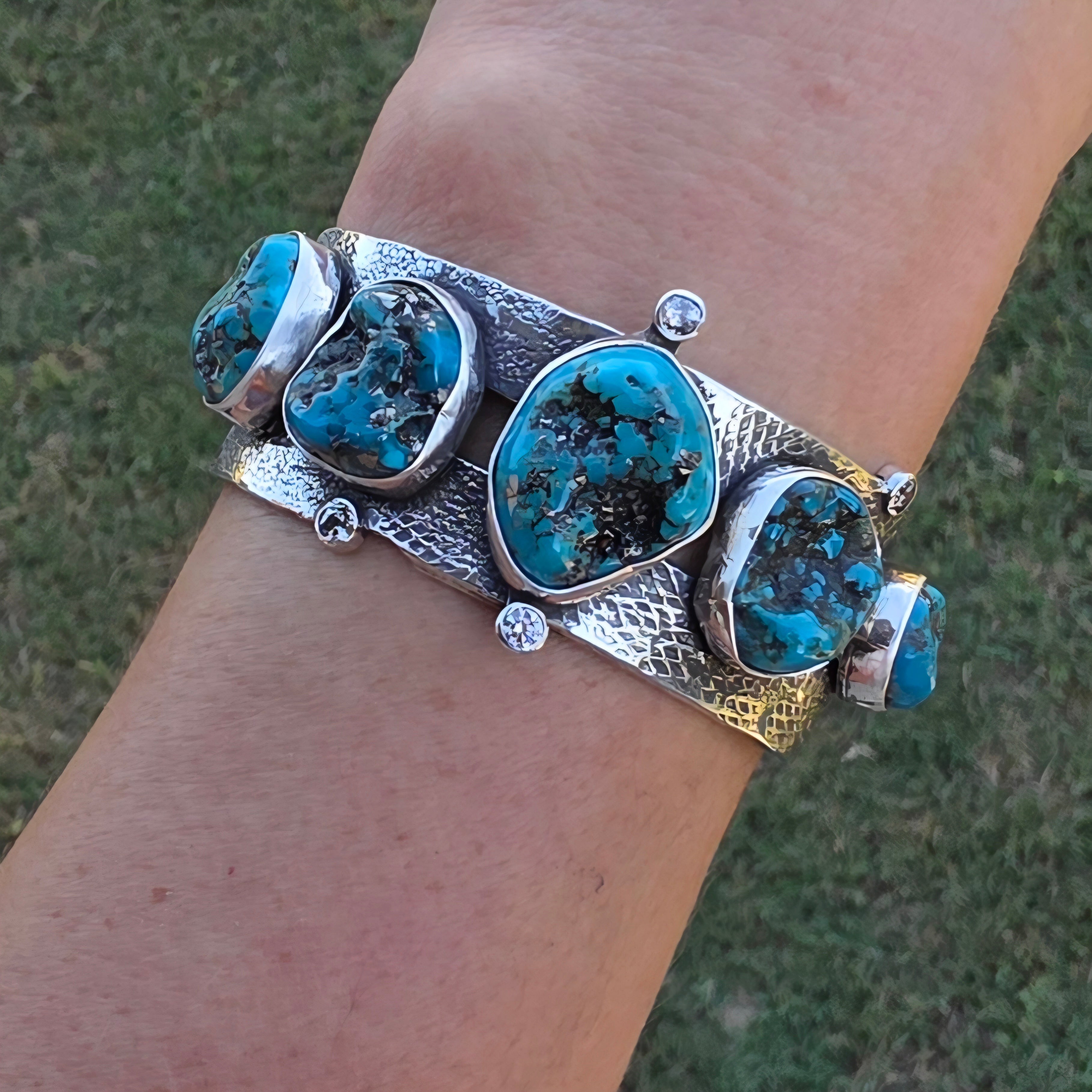 Natural Nugget Cut Turquoise, CZ and Hand Textured Sterling Cuff