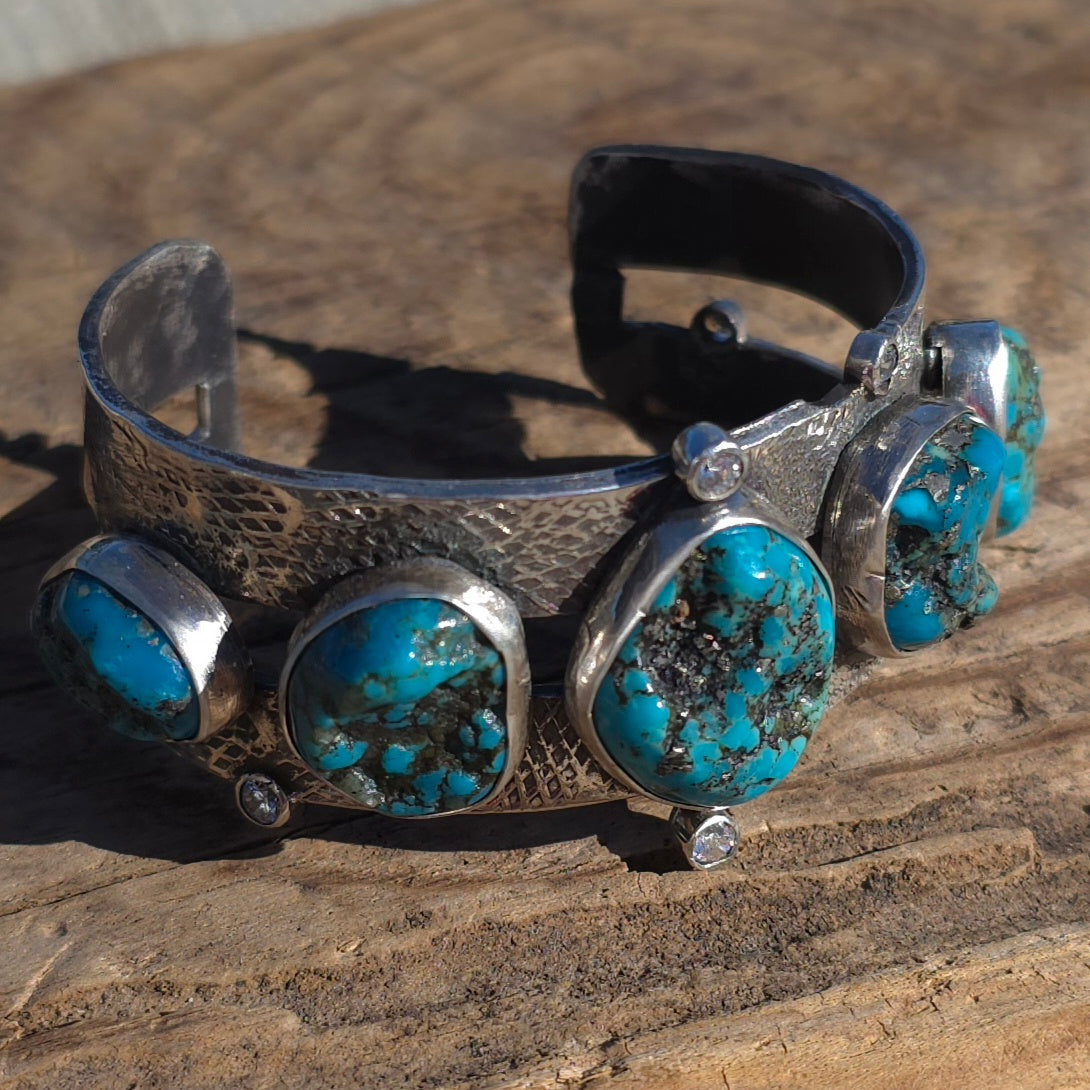 Natural Nugget Cut Turquoise, CZ and Hand Textured Sterling Cuff