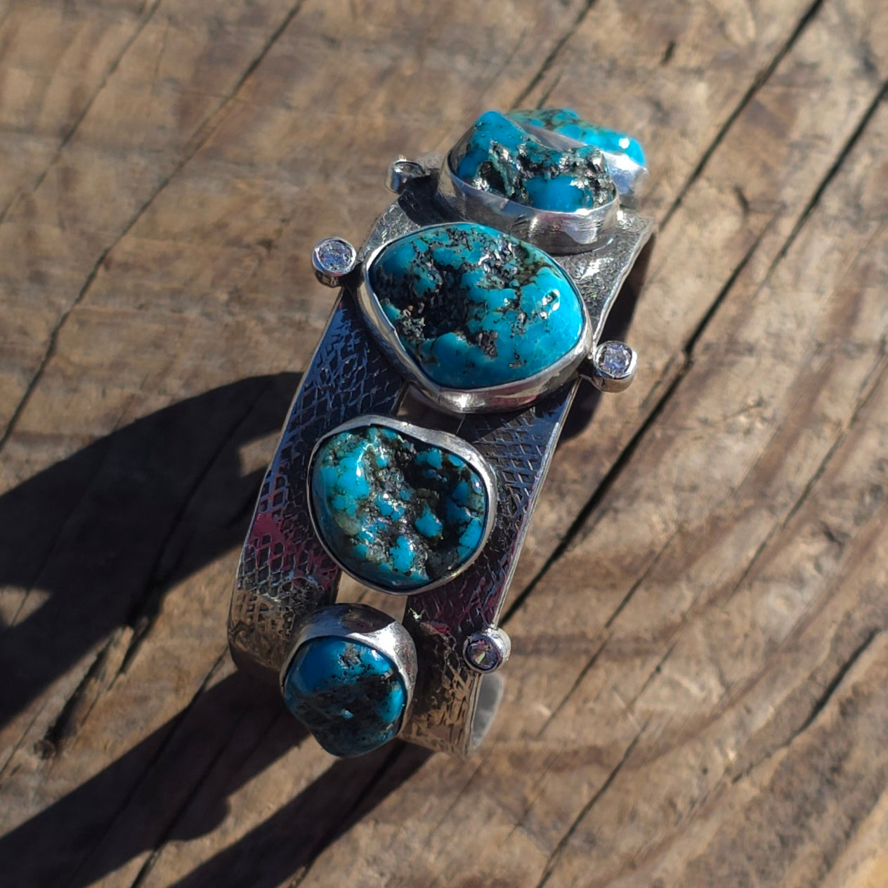 Natural Nugget Cut Turquoise, CZ and Hand Textured Sterling Cuff