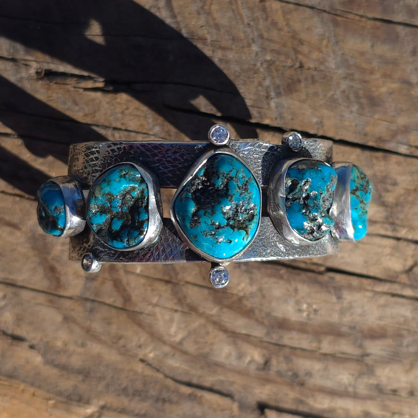 Natural Nugget Cut Turquoise, CZ and Hand Textured Sterling Cuff