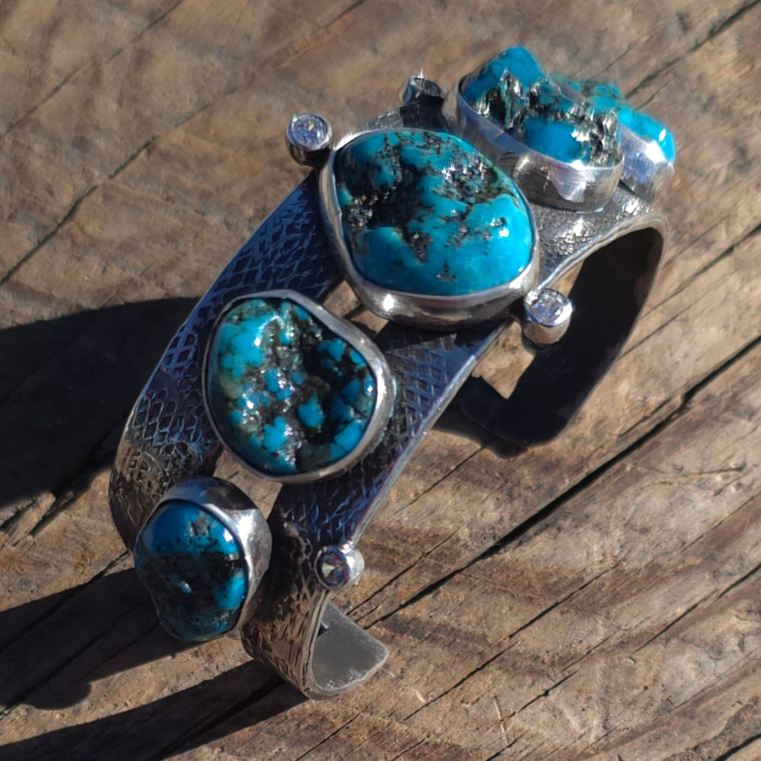 Natural Nugget Cut Turquoise, CZ and Hand Textured Sterling Cuff