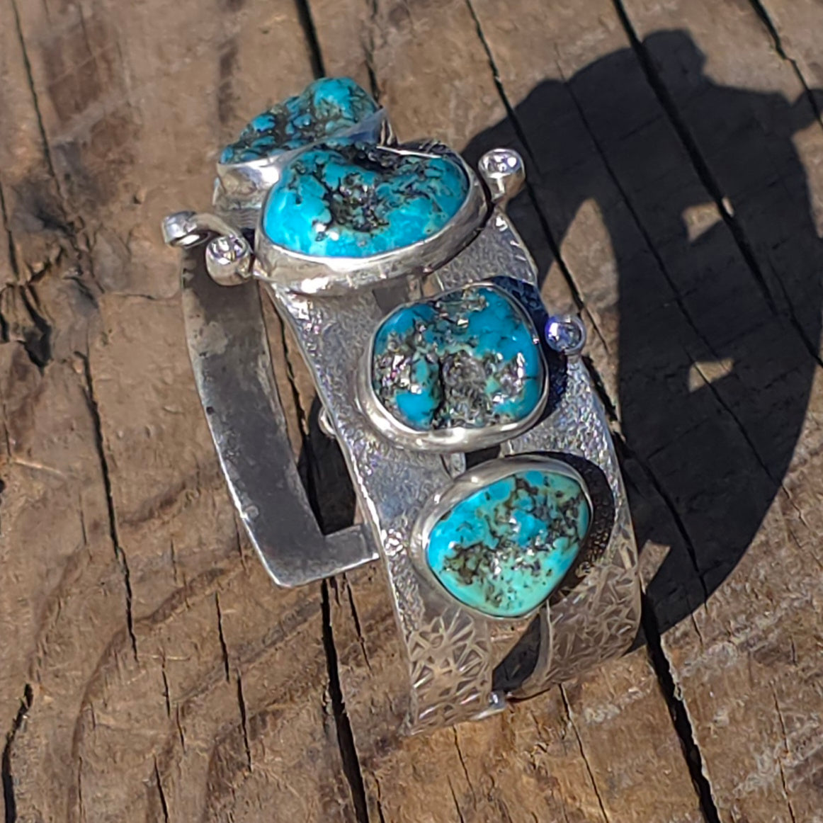 Natural Nugget Cut Turquoise, CZ and Hand Textured Sterling Cuff