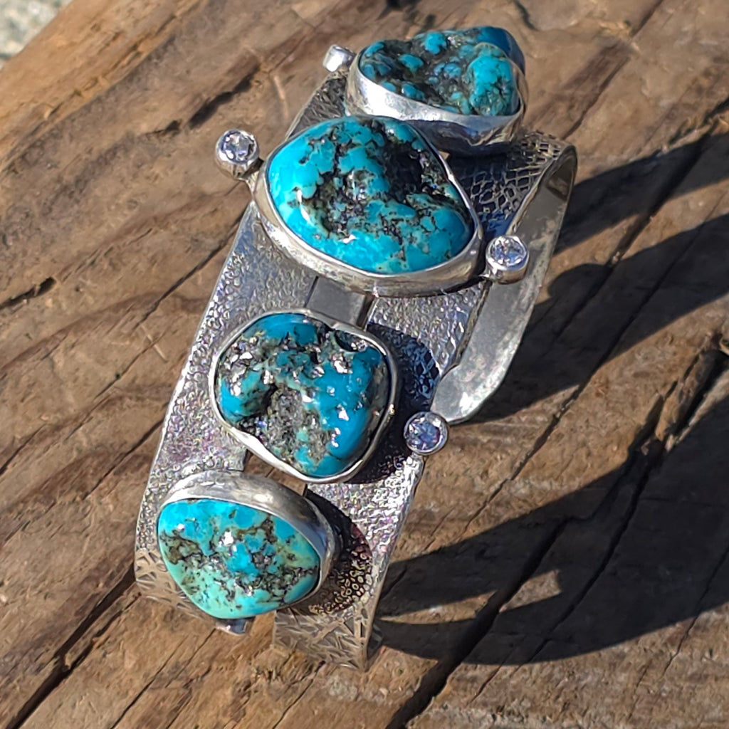 Natural Nugget Cut Turquoise, CZ and Hand Textured Sterling Cuff