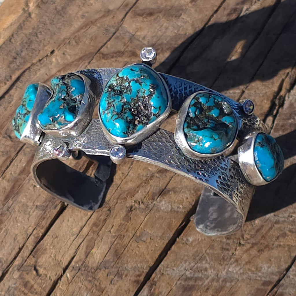 Natural Nugget Cut Turquoise, CZ and Hand Textured Sterling Cuff