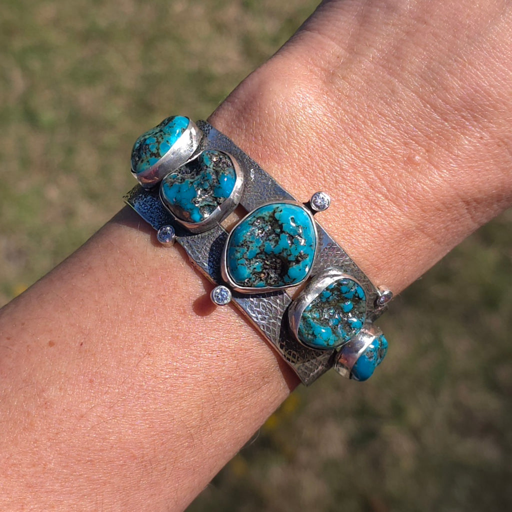 Natural Nugget Cut Turquoise, CZ and Hand Textured Sterling Cuff