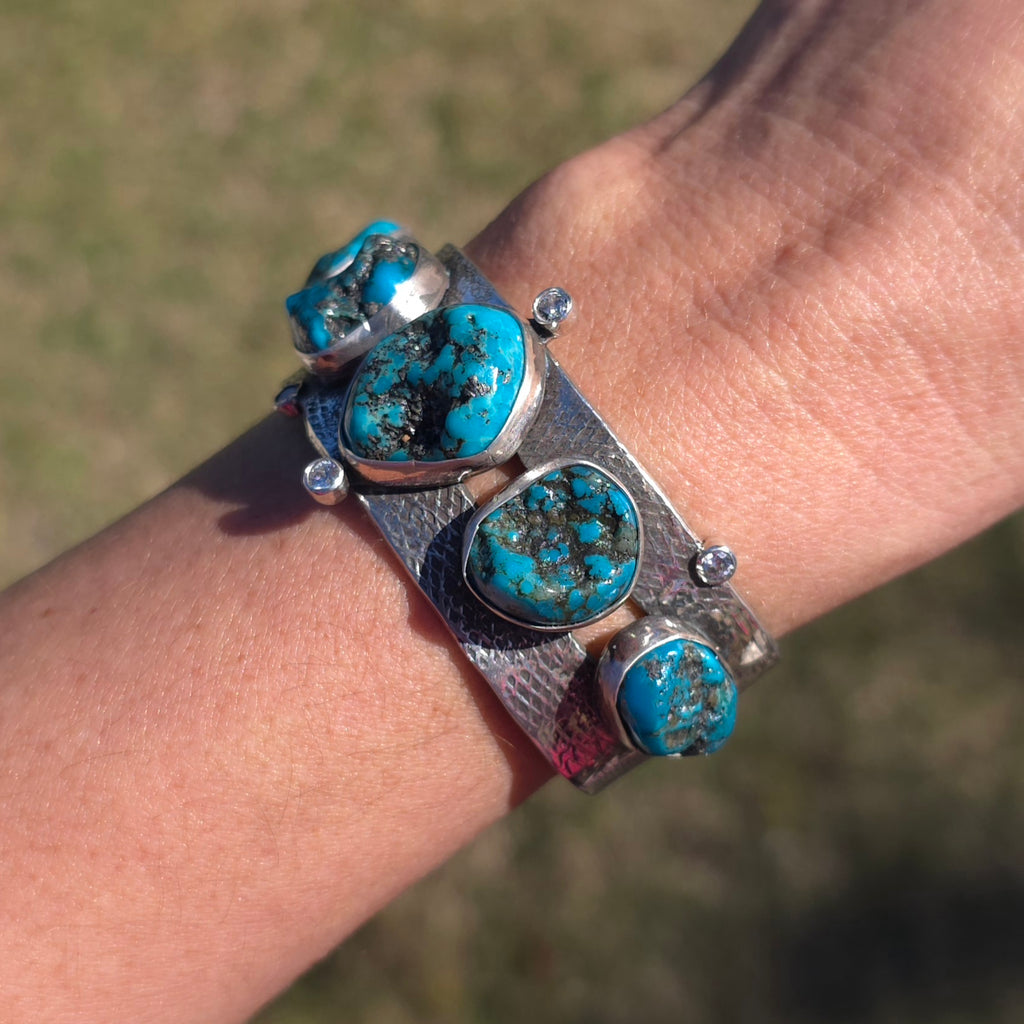 Natural Nugget Cut Turquoise, CZ and Hand Textured Sterling Cuff