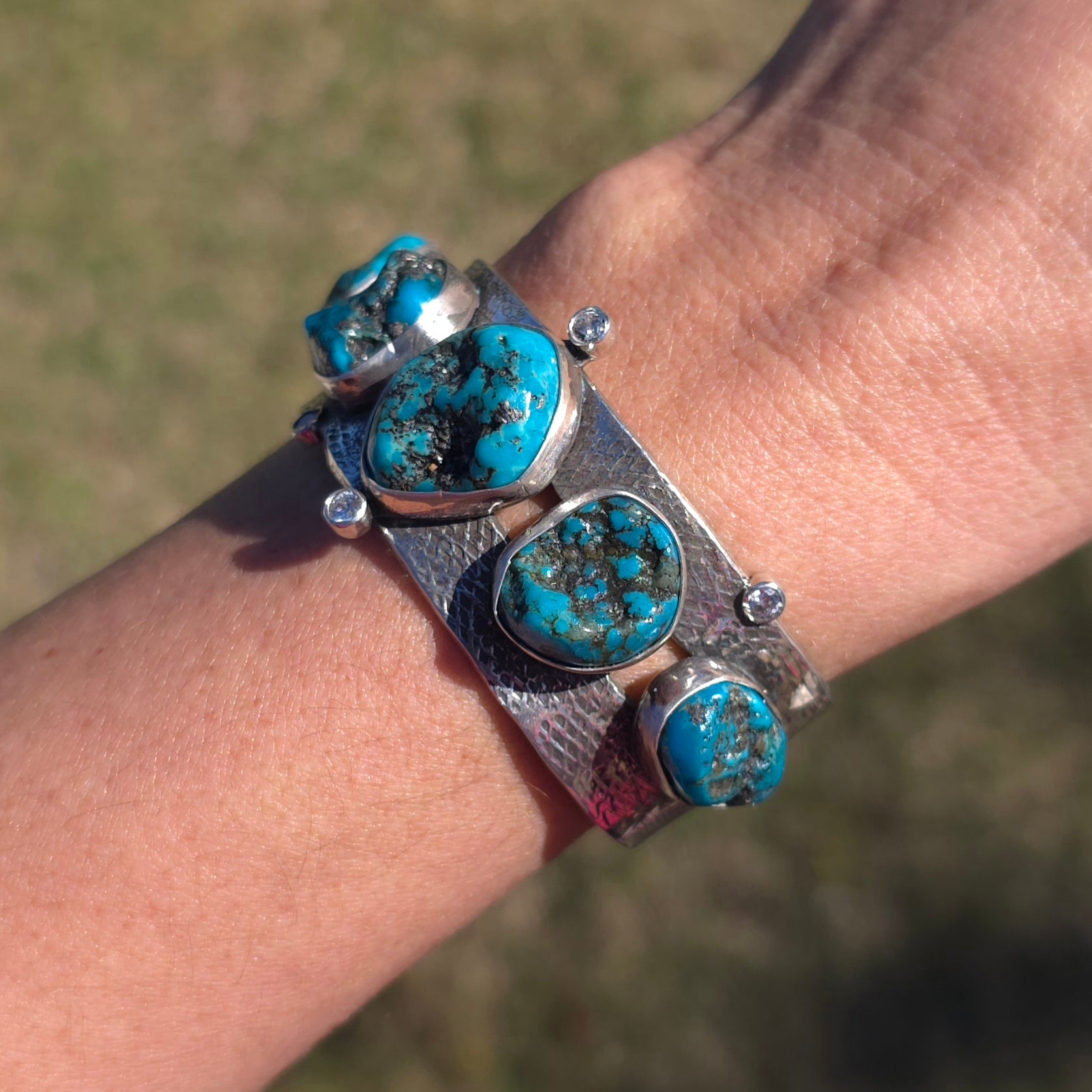 Natural Nugget Cut Turquoise, CZ and Hand Textured Sterling Cuff