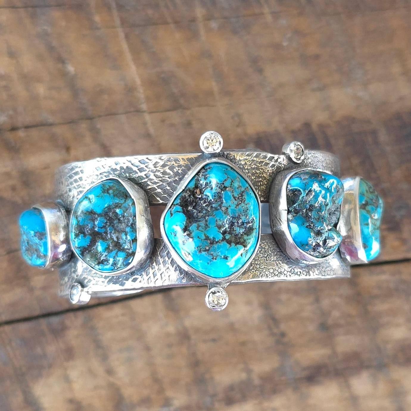 Natural Nugget Cut Turquoise, CZ and Hand Textured Sterling Cuff