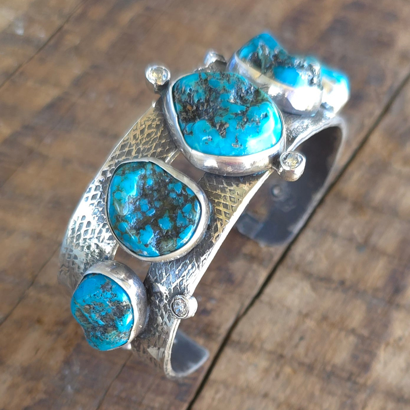 Natural Nugget Cut Turquoise, CZ and Hand Textured Sterling Cuff