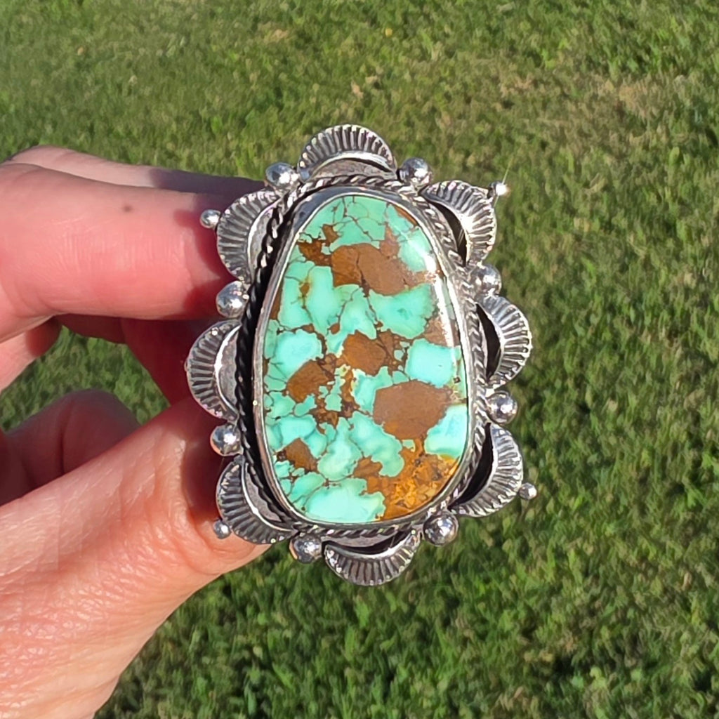 Natural #8 Turquoise and Stamped Sterling Ring Sz 7.5