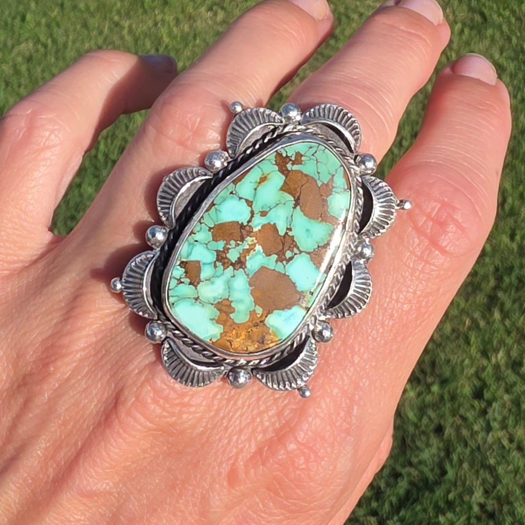 Natural #8 Turquoise and Stamped Sterling Ring Sz 7.5