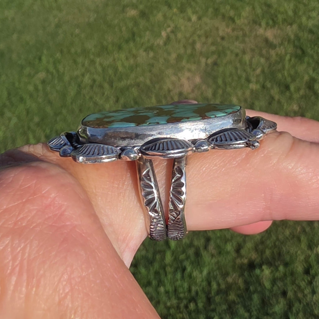 Natural #8 Turquoise and Stamped Sterling Ring Sz 7.5