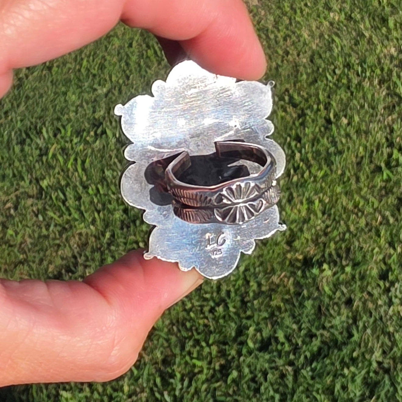 Natural #8 Turquoise and Stamped Sterling Ring Sz 7.5
