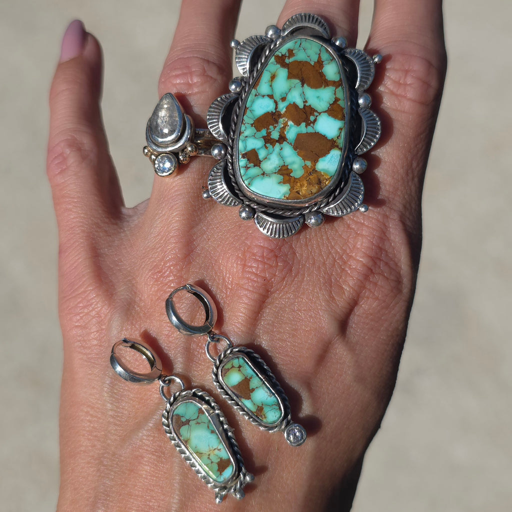 Natural #8 Turquoise and Stamped Sterling Ring Sz 7.5