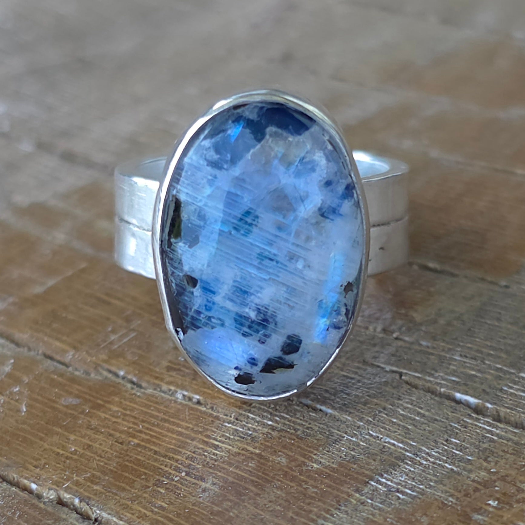Black  Tourmaline Included Moonstone Ring-Size 5.5