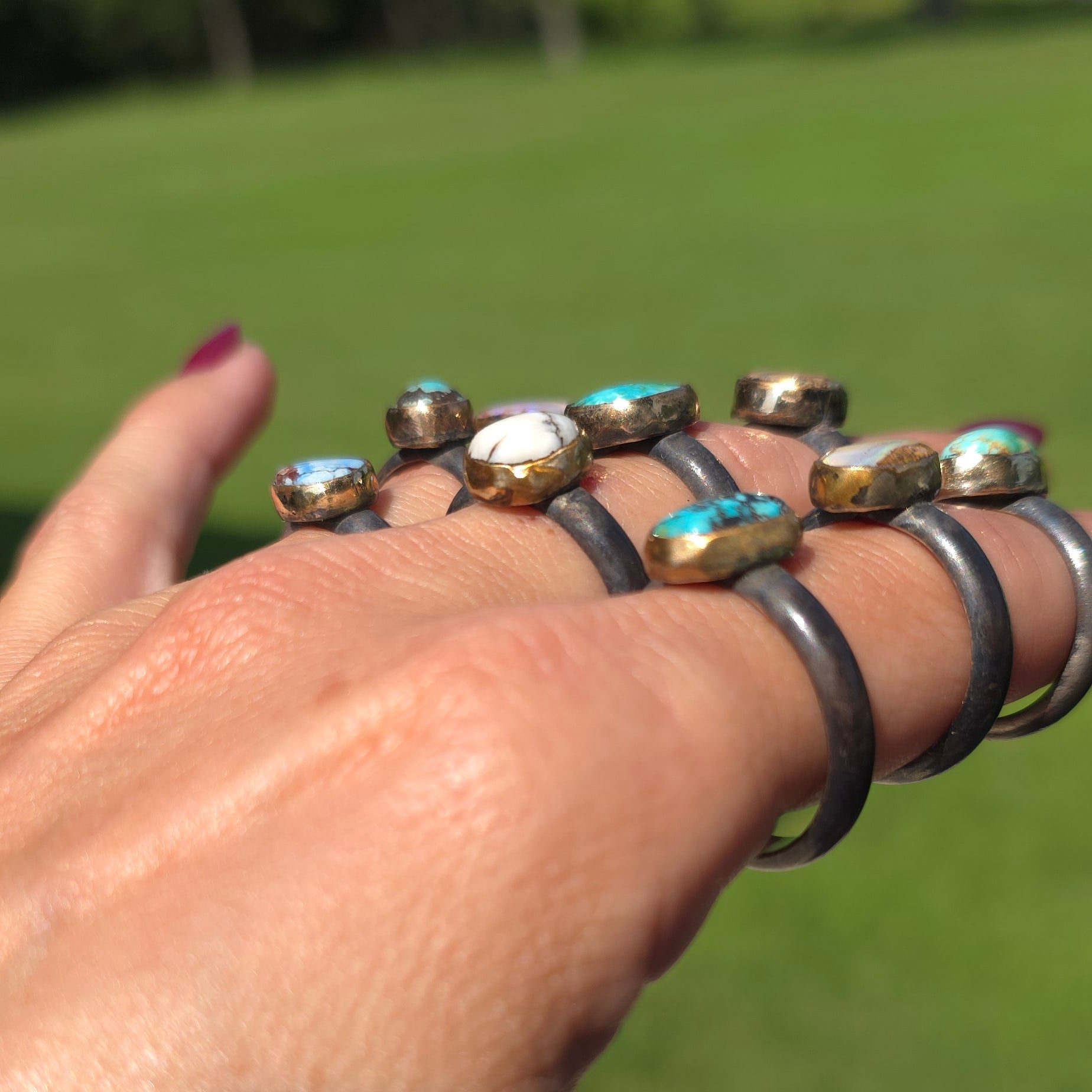 Sz 7.5 Pilot Mountain Turquoise and Blackened Sterling Stacker with 14GF Bezel