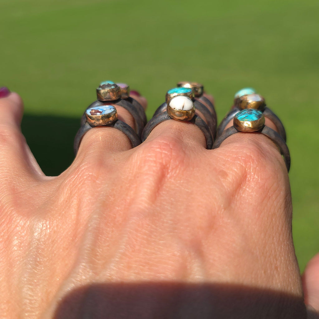 Sz 7.5 Pilot Mountain Turquoise and Blackened Sterling Stacker with 14GF Bezel