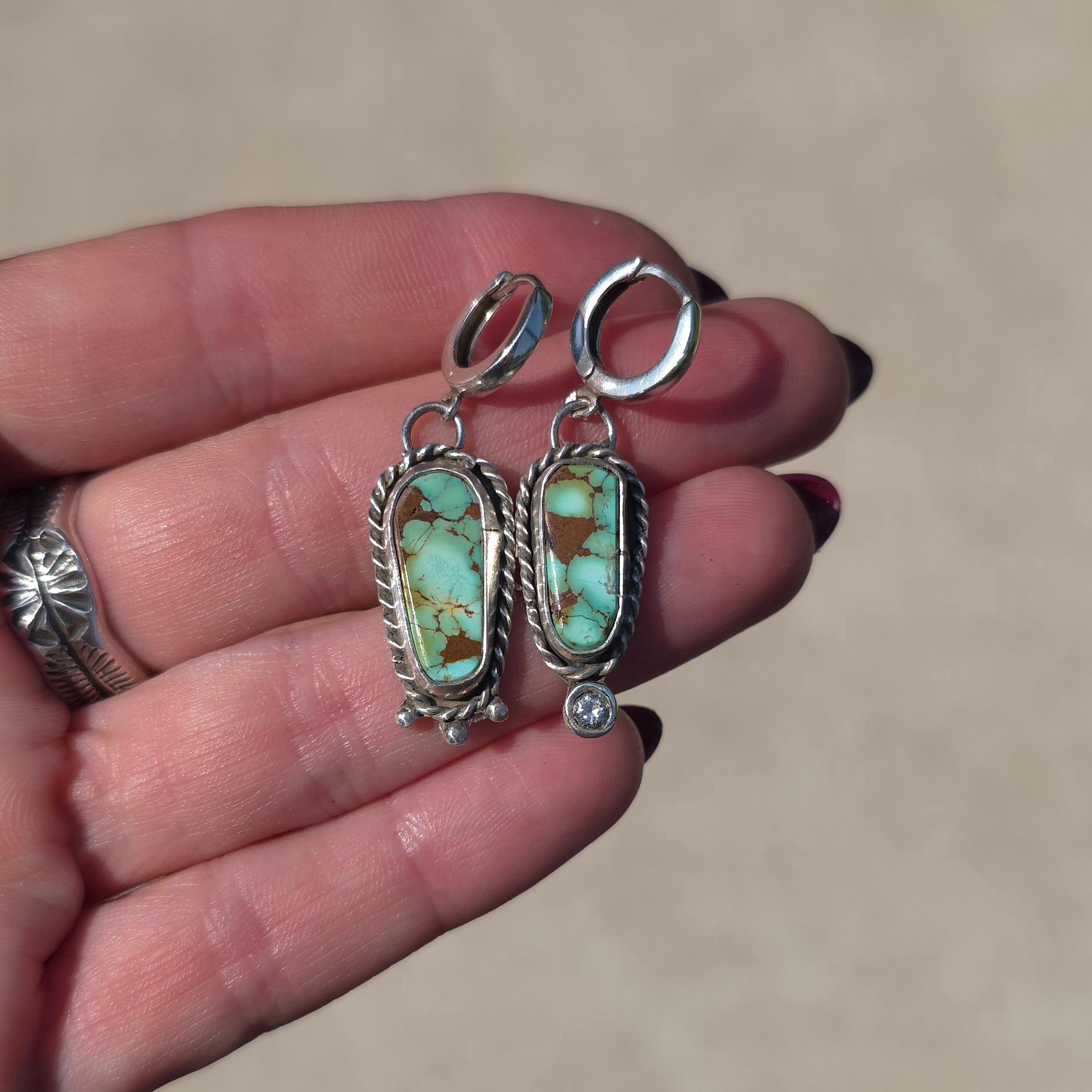 Natural #8 Turquoise and Stamped Sterling Ring Sz 7.5
