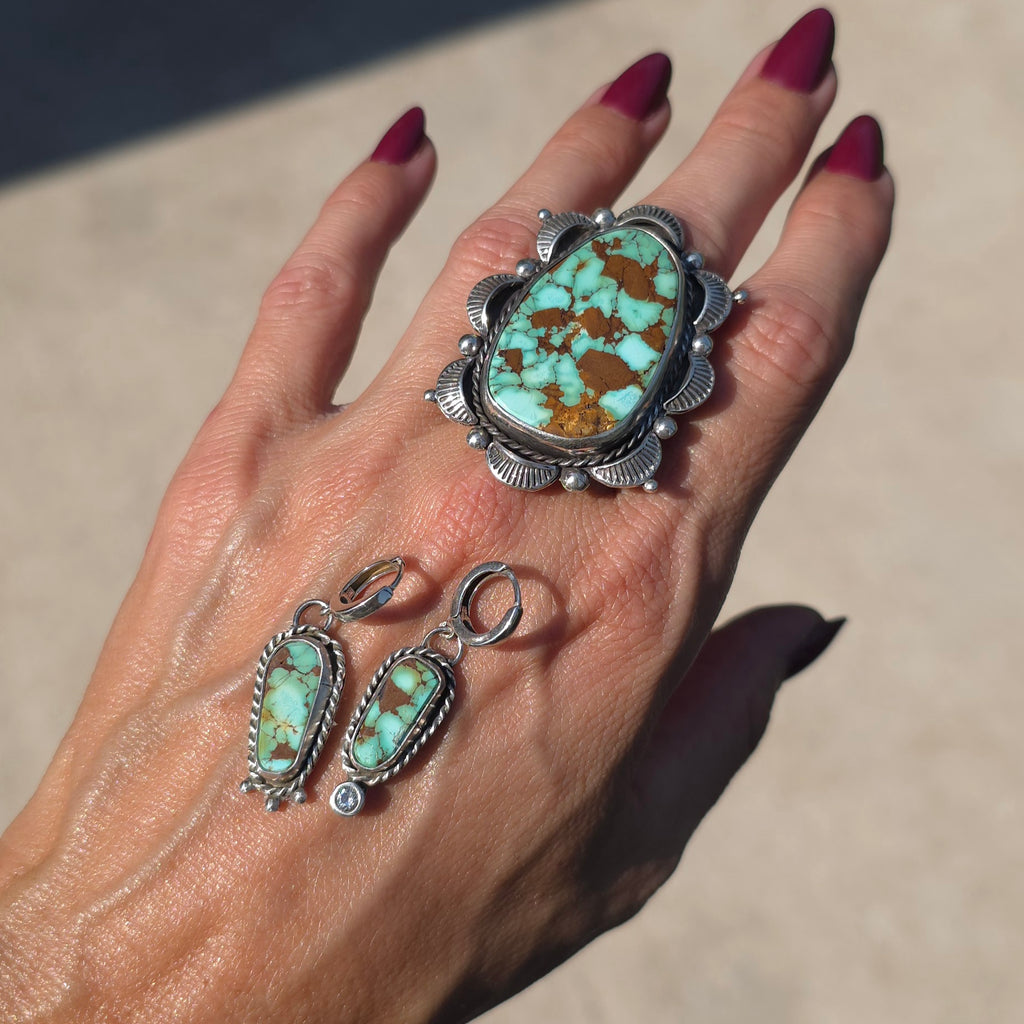 Natural #8 Turquoise and Stamped Sterling Ring Sz 7.5