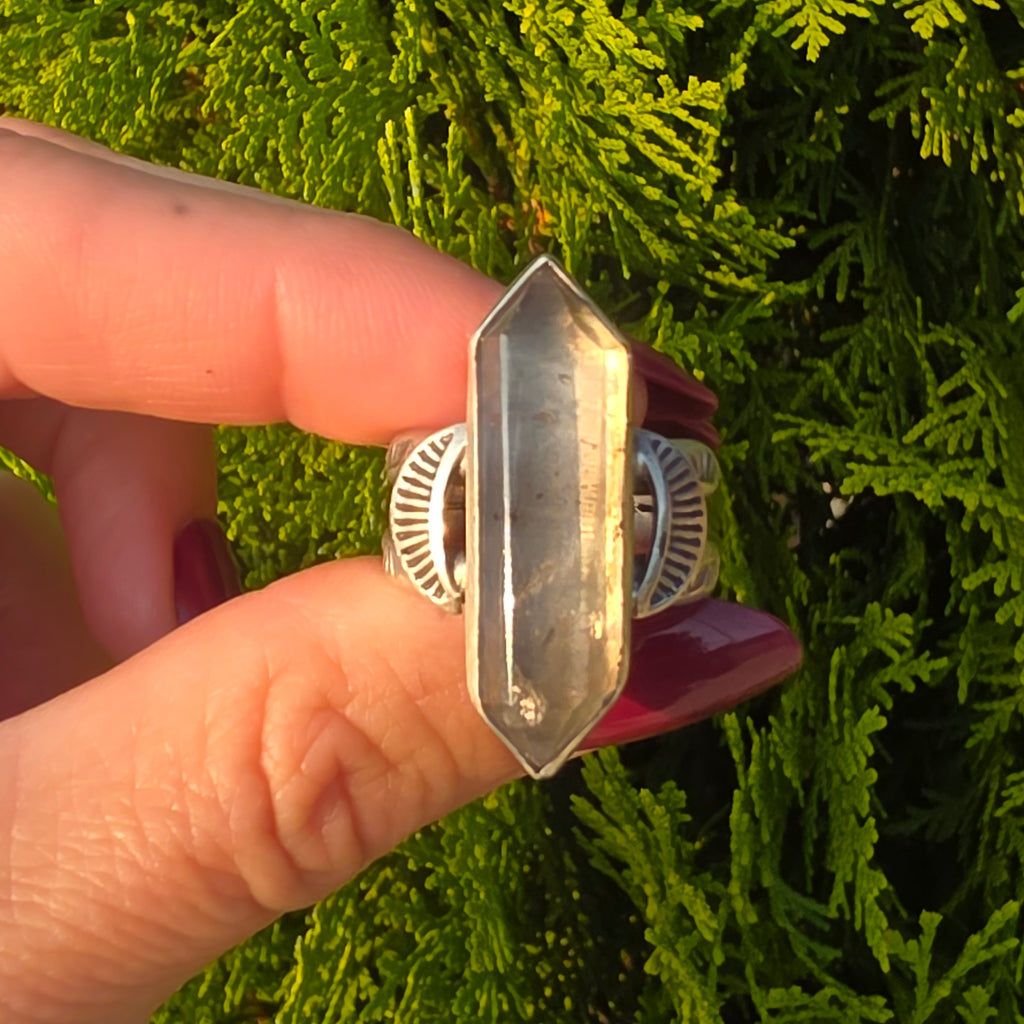 Stamped Smoky Tibetan Quartz Ring-Size 8
