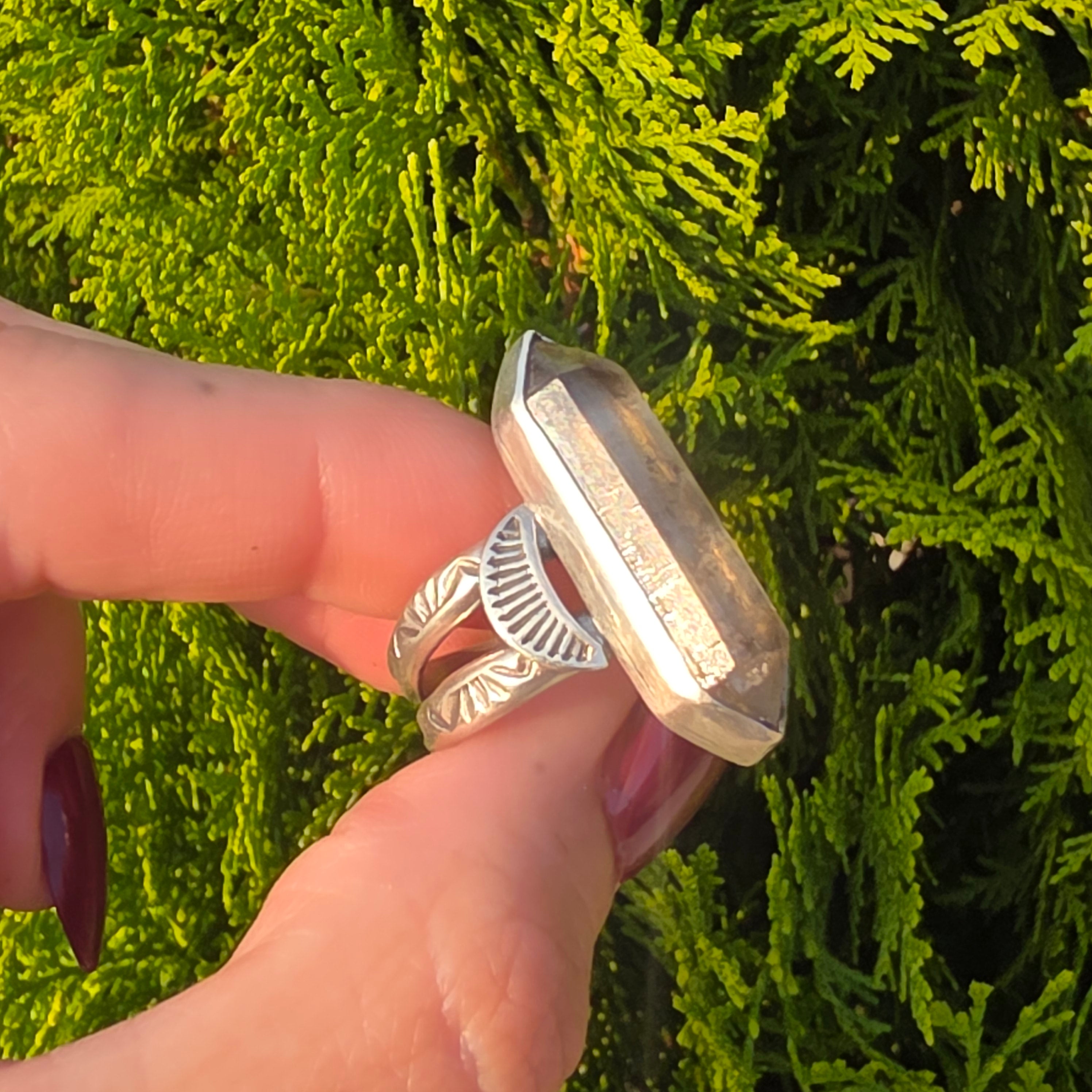 Stamped Smoky Tibetan Quartz Ring-Size 8