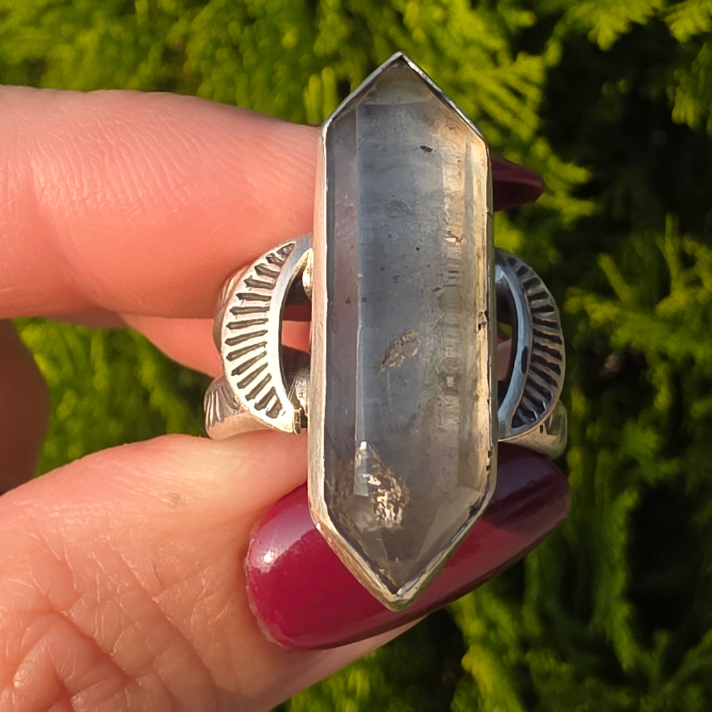 Stamped Smoky Tibetan Quartz Ring-Size 8
