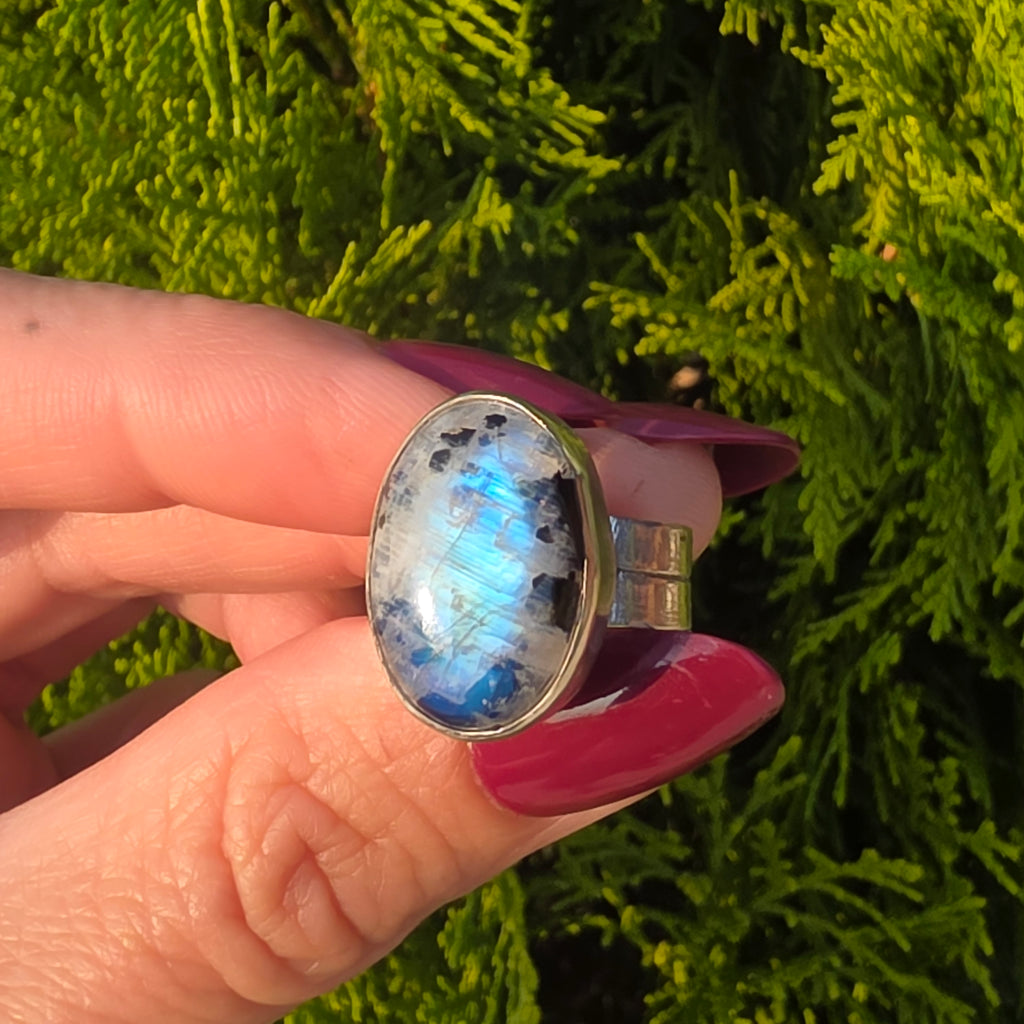 Black  Tourmaline Included Moonstone Ring-Size 5.5