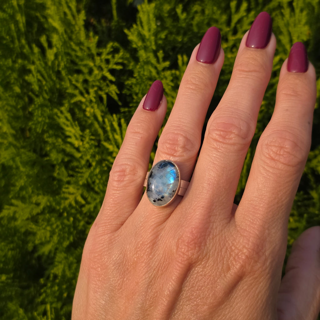 Black  Tourmaline Included Moonstone Ring-Size 5.5