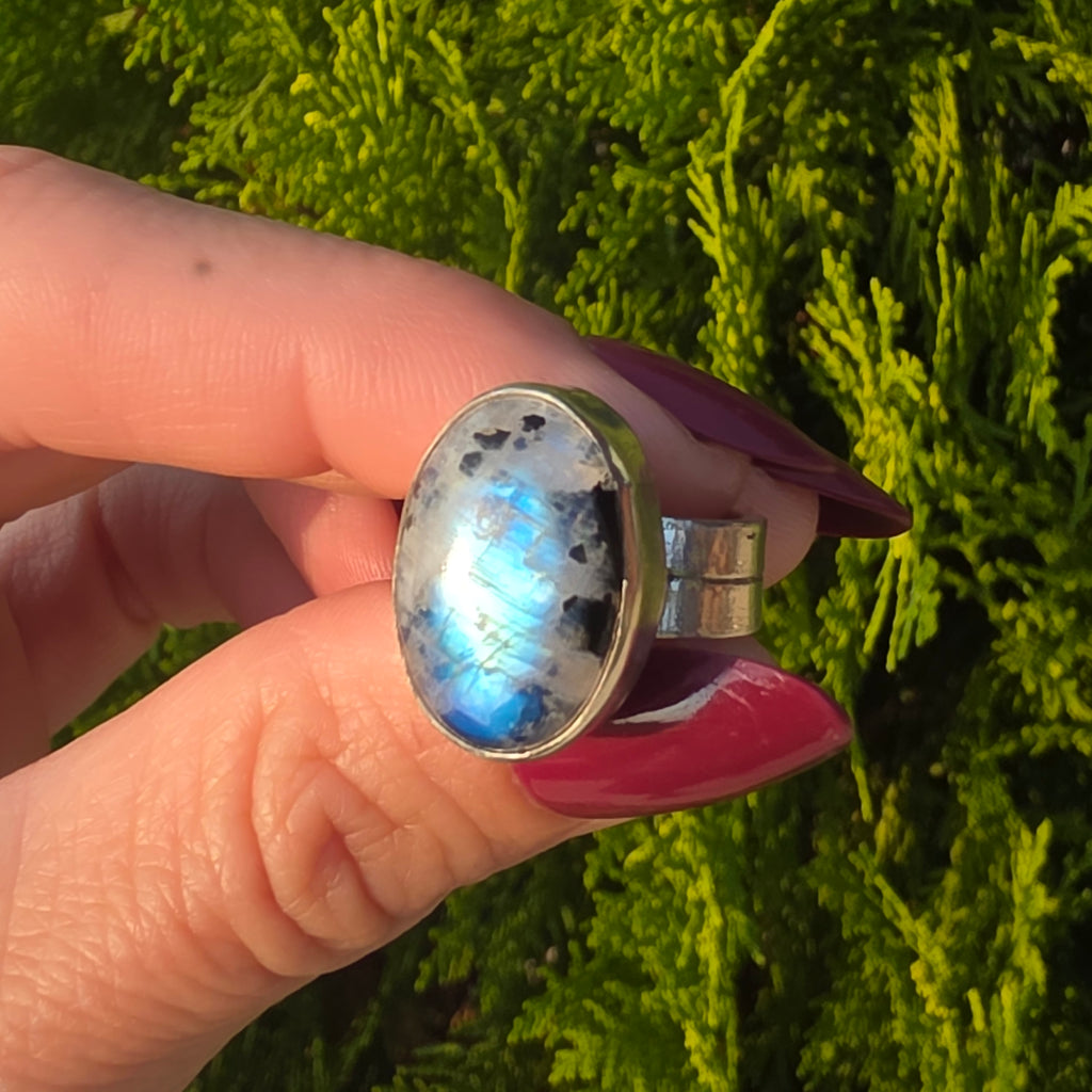 Black  Tourmaline Included Moonstone Ring-Size 5.5