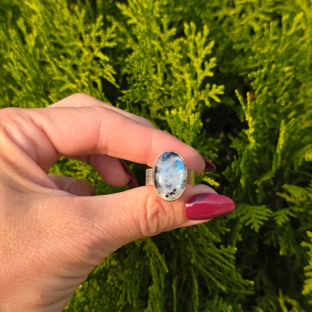 Black  Tourmaline Included Moonstone Ring-Size 5.5