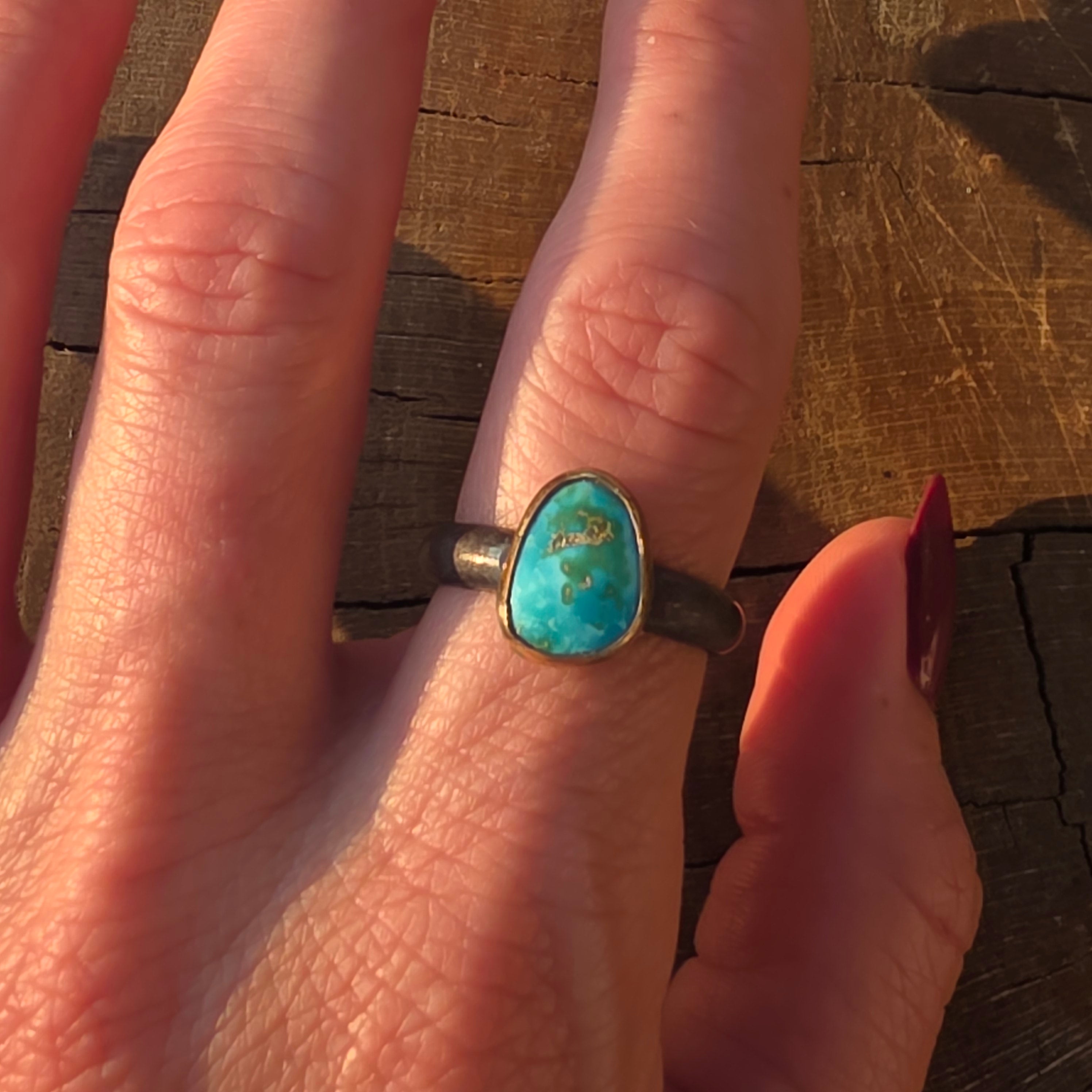 Sz 8.75 Emerald Valley Turquoise and Blackened Sterling Stacker with 14GF Bezel