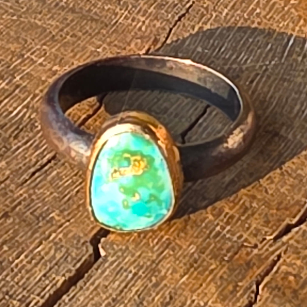 Sz 8.75 Emerald Valley Turquoise and Blackened Sterling Stacker with 14GF Bezel