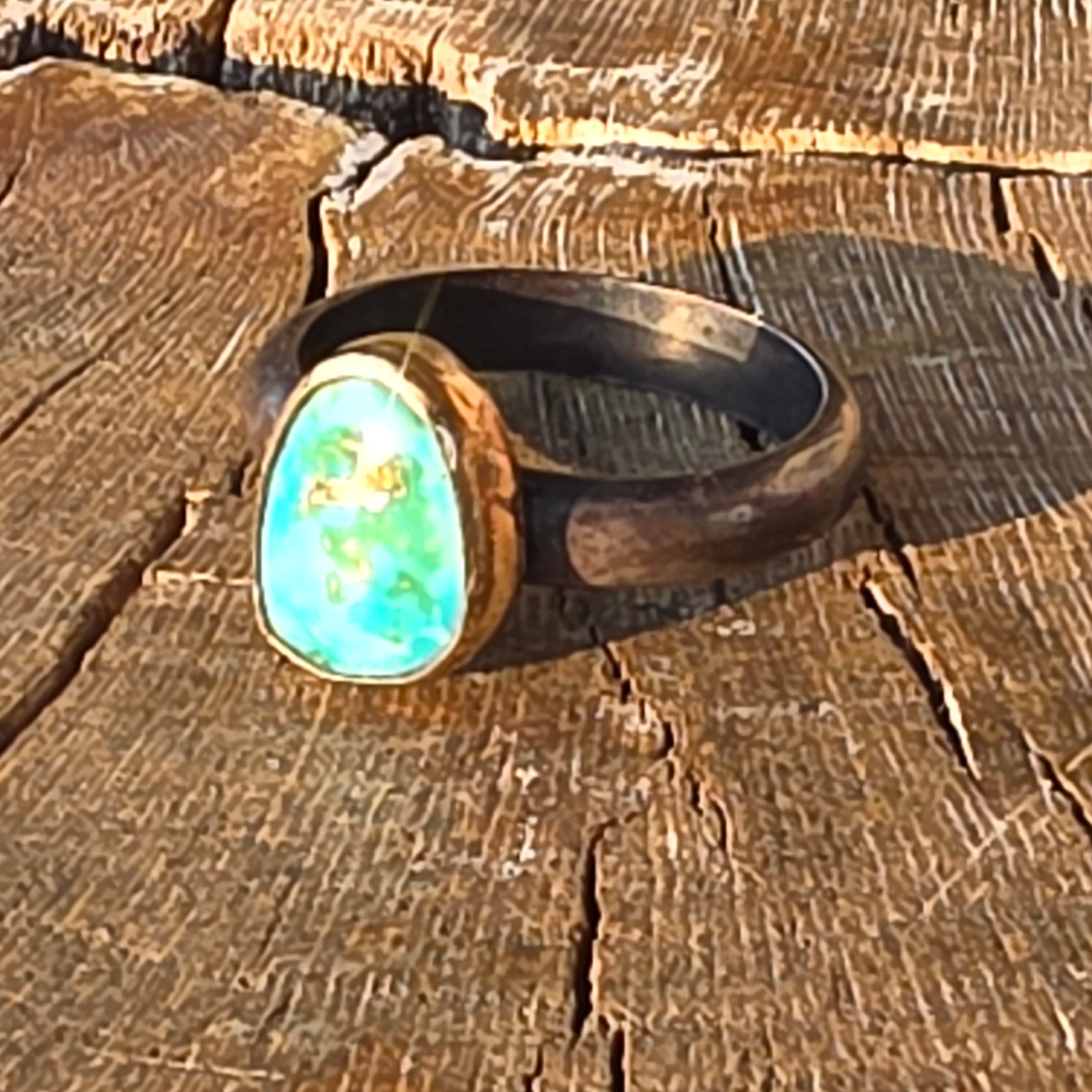 Sz 8.75 Emerald Valley Turquoise and Blackened Sterling Stacker with 14GF Bezel