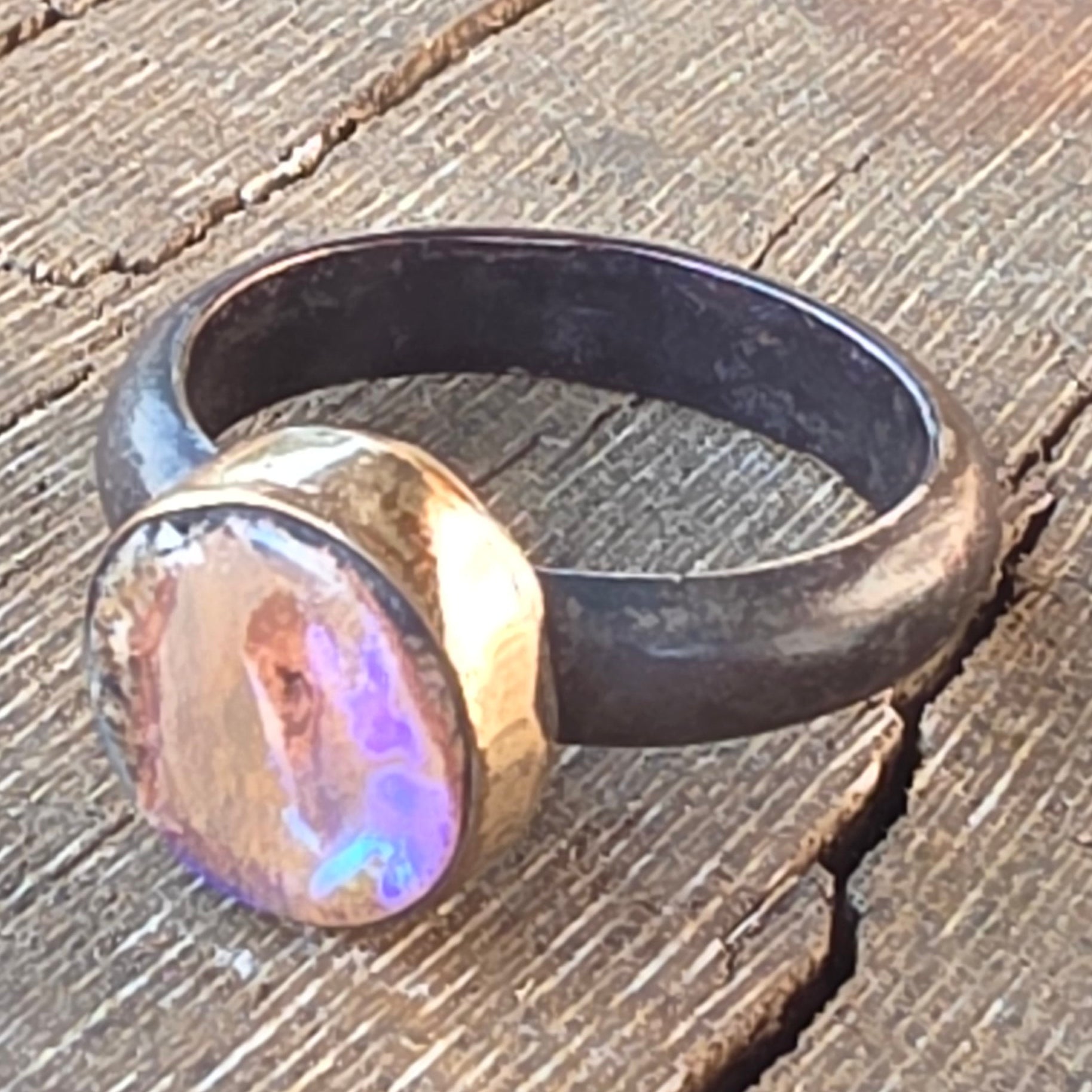 Sz 6.75 Blackened Sterling Stacker with 14GF Bezel