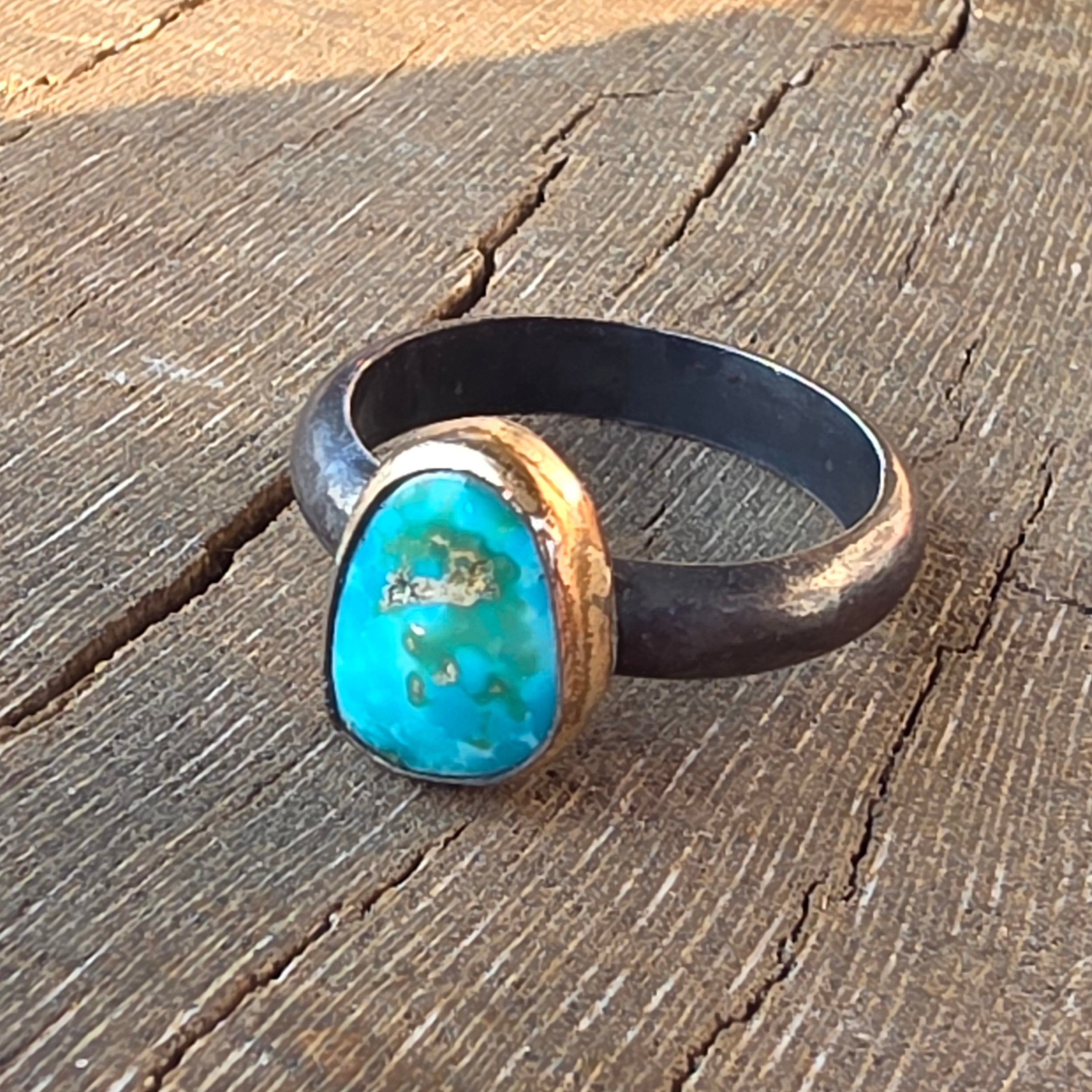 Sz 8.75 Emerald Valley Turquoise and Blackened Sterling Stacker with 14GF Bezel