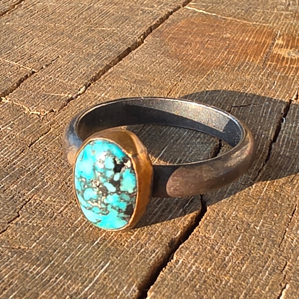 Sz. 11 Kingman Blackweb Turquoise and Blackened Sterling Stacker with 14GF Bezel