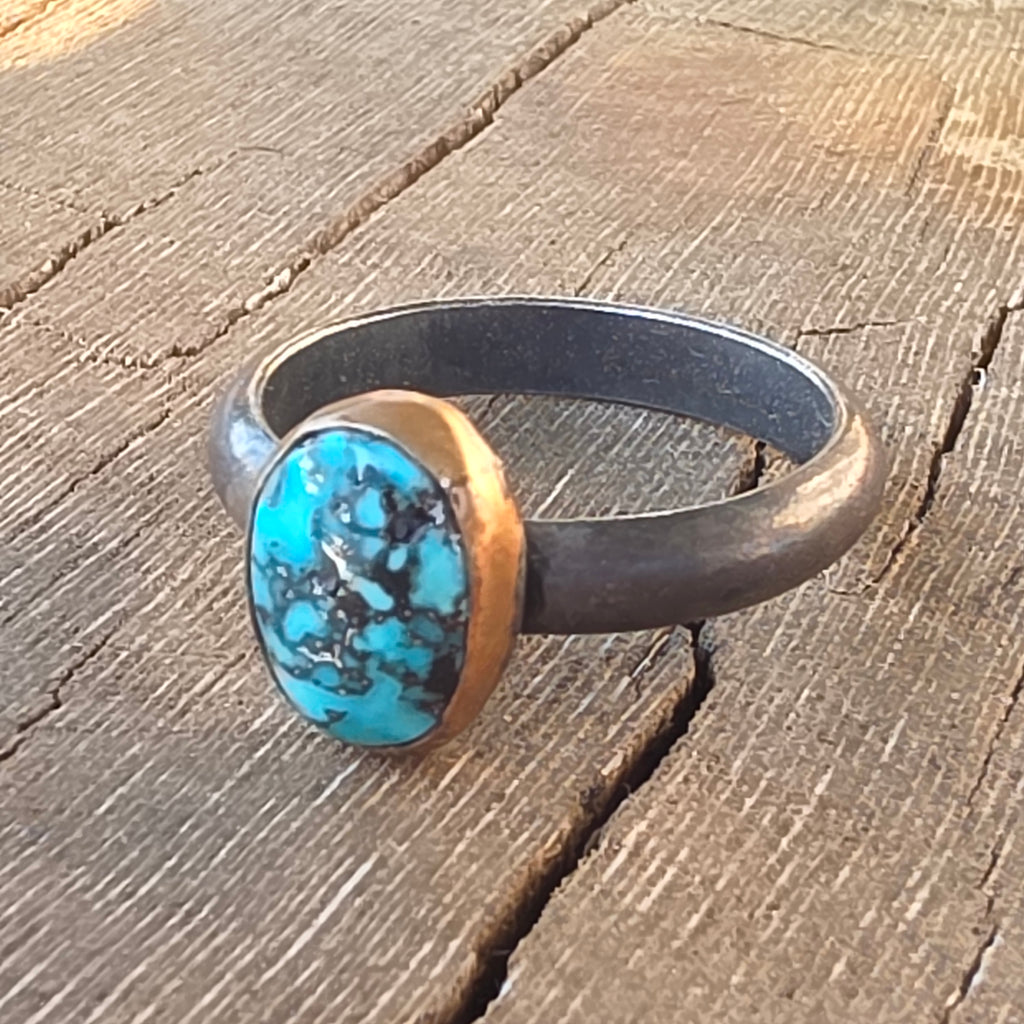 Sz. 11 Kingman Blackweb Turquoise and Blackened Sterling Stacker with 14GF Bezel
