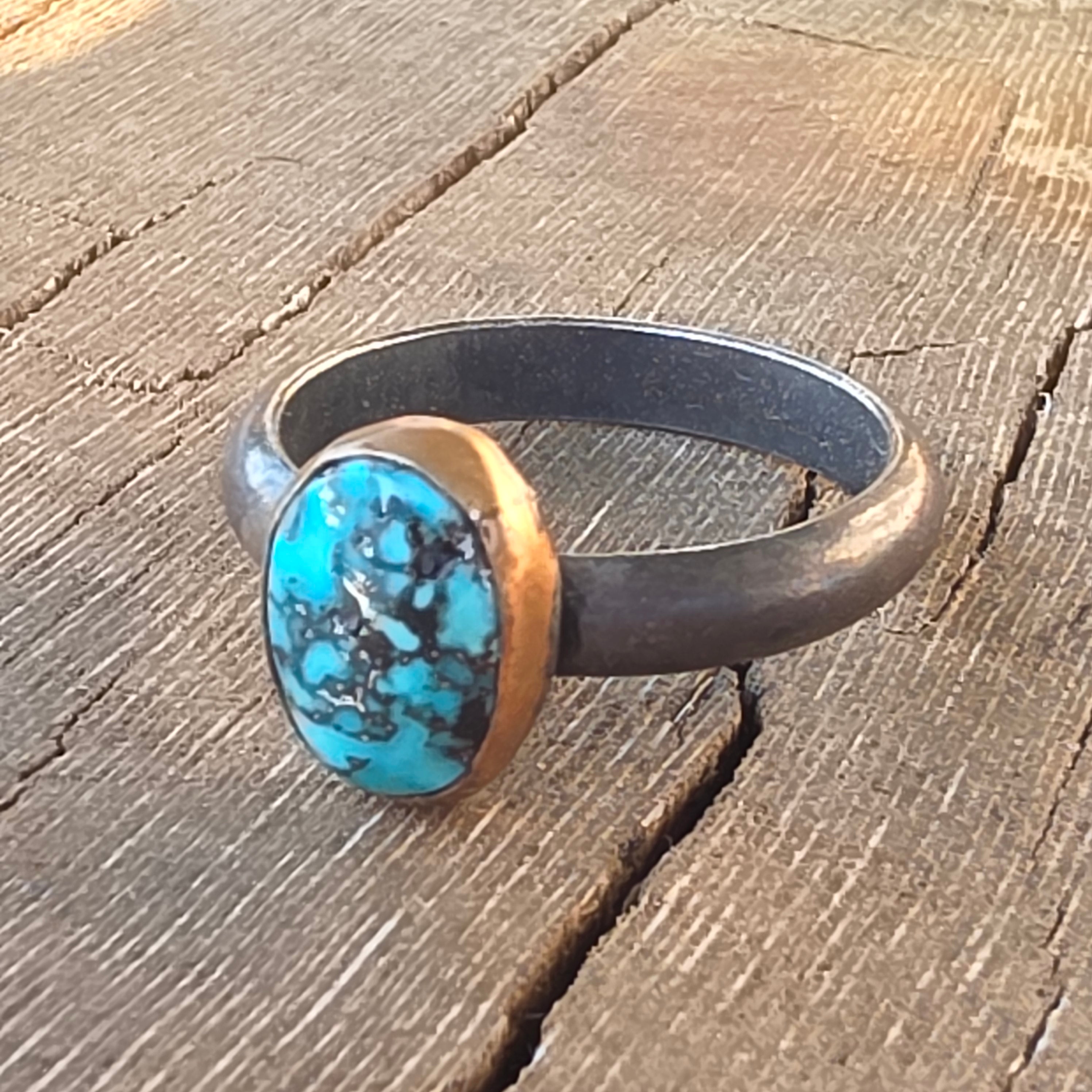 Sz. 11 Kingman Blackweb Turquoise and Blackened Sterling Stacker with 14GF Bezel