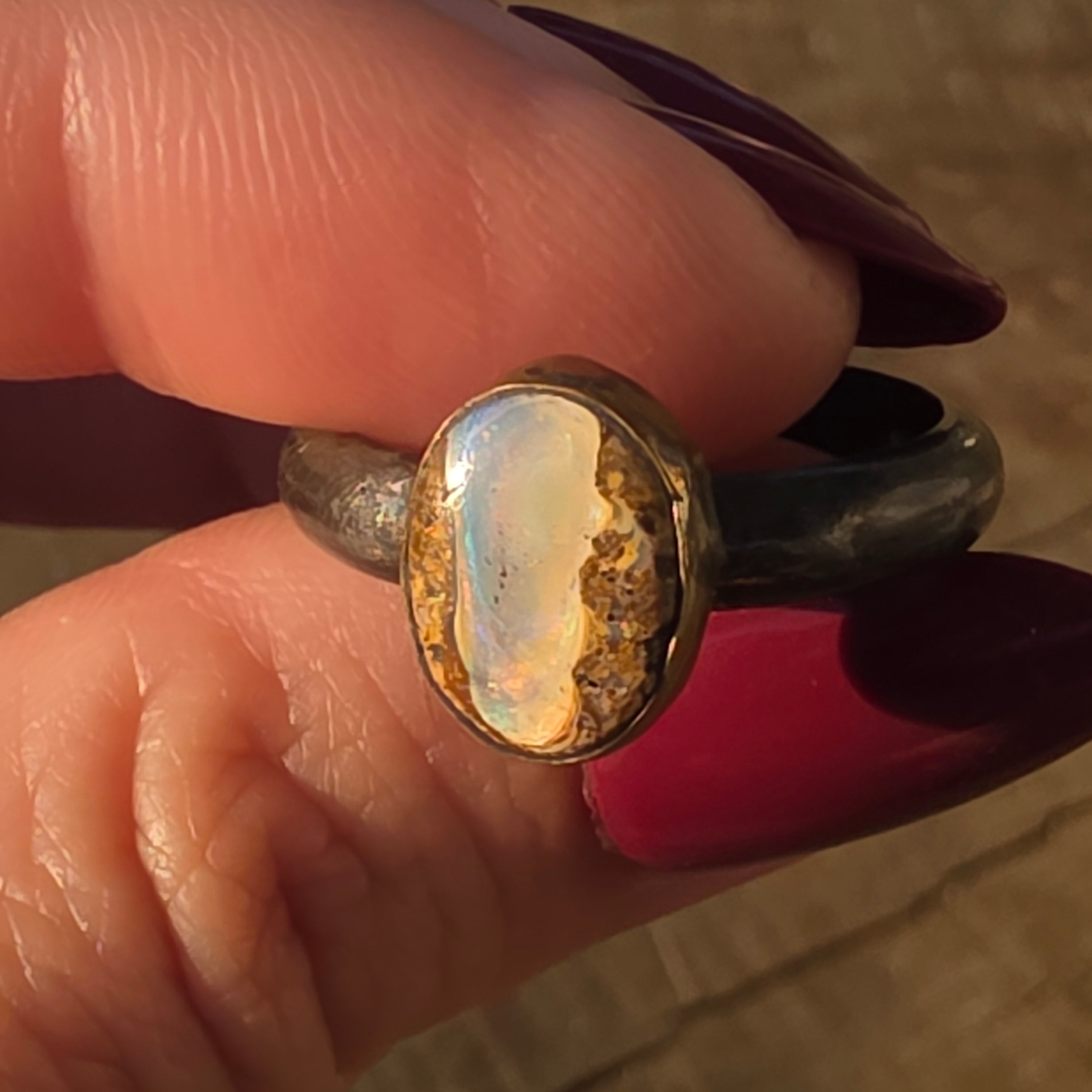 Sz 9.75 Australian Boulder Opal Nand Blackened Sterling Stacker with 14GF Bezel